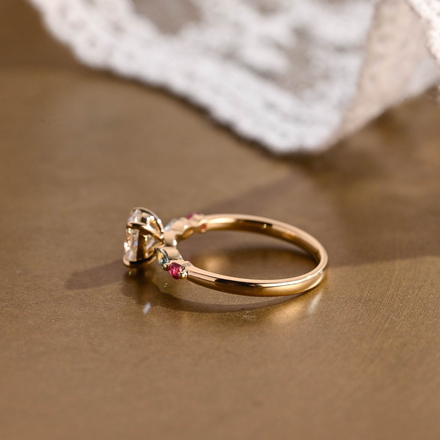 SquareJewelry oval cut moissanite engagement ring Solid Gold Oval Cut Moissanite Engagement Ring with Aquamarine & Ruby Side Stones