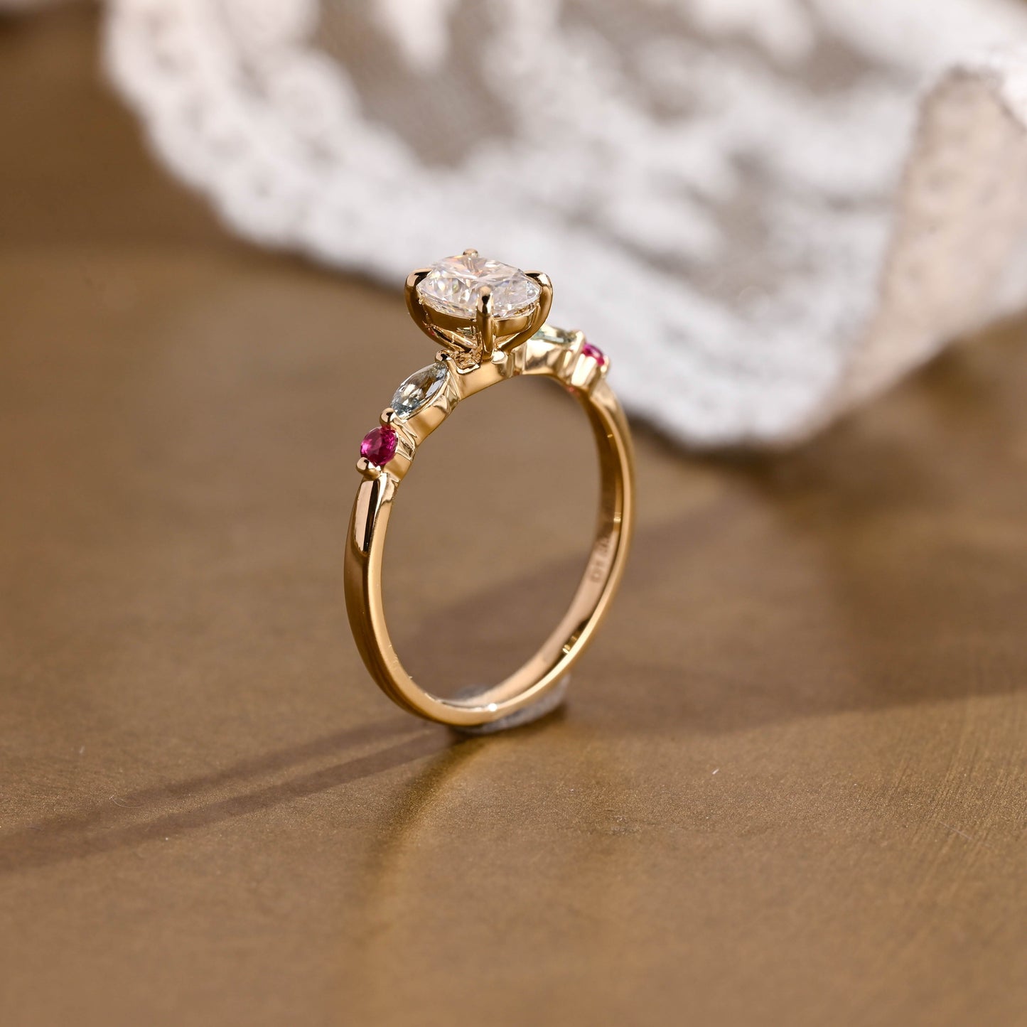 SquareJewelry oval cut moissanite engagement ring Solid Gold Oval Cut Moissanite Engagement Ring with Aquamarine & Ruby Side Stones
