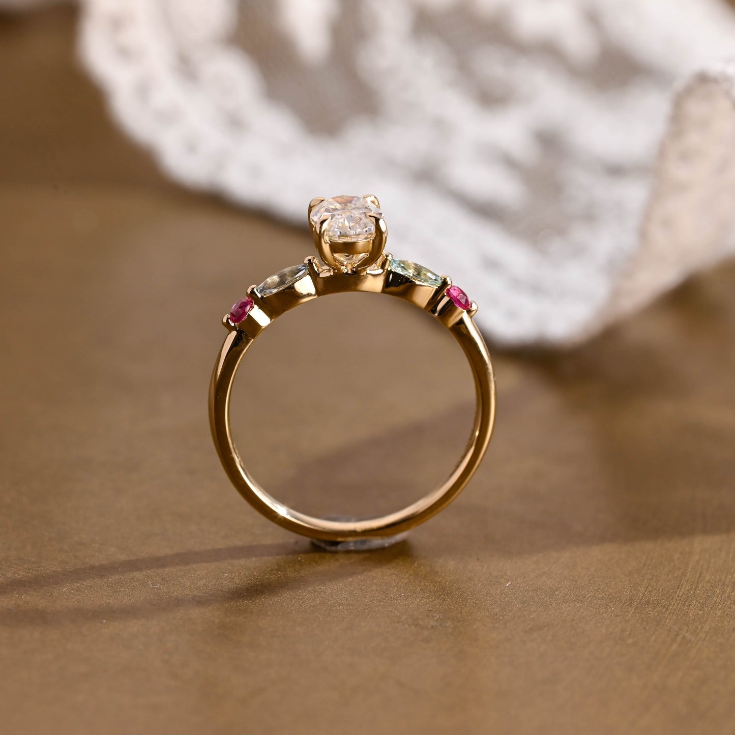 SquareJewelry oval cut moissanite engagement ring Solid Gold Oval Cut Moissanite Engagement Ring with Aquamarine & Ruby Side Stones