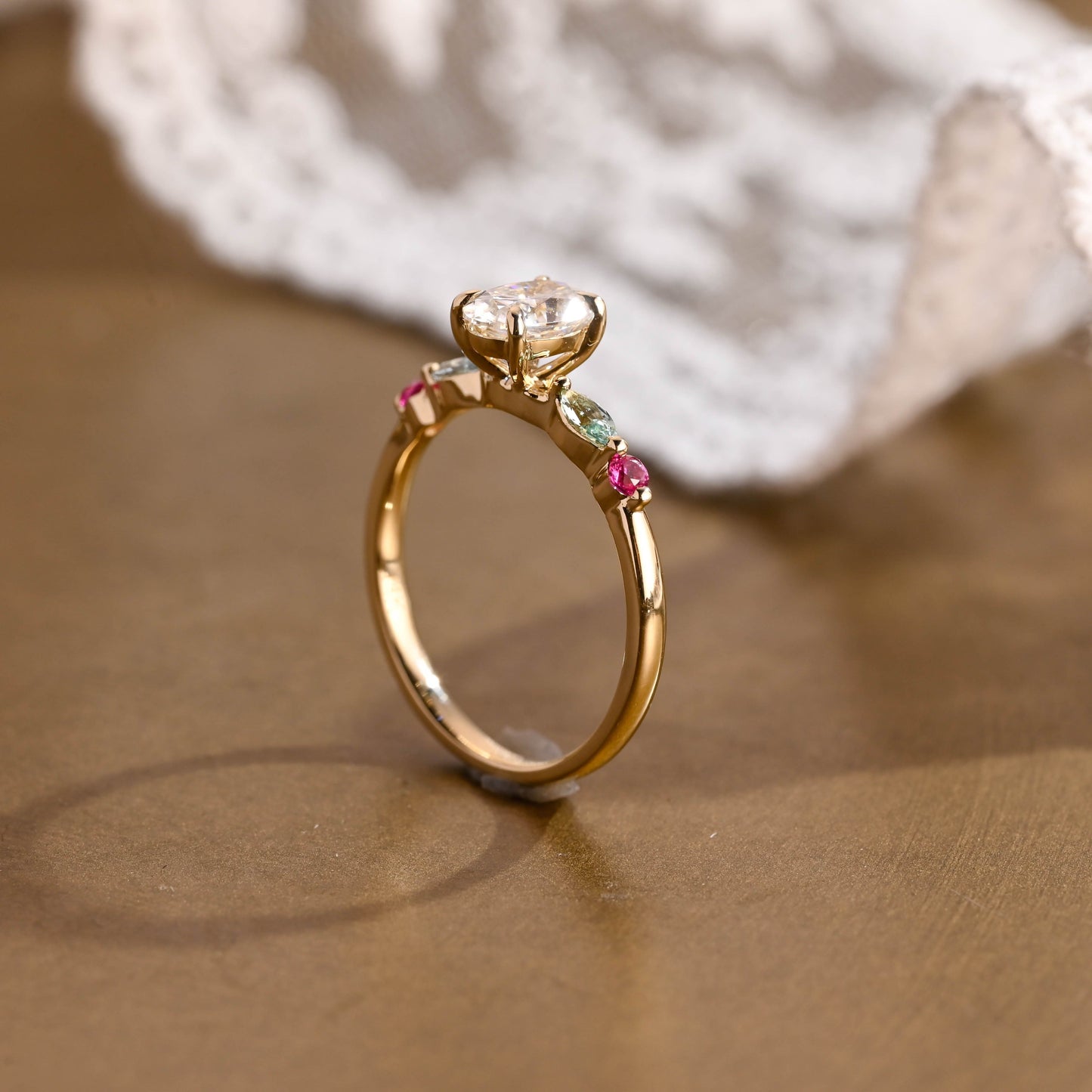 SquareJewelry oval cut moissanite engagement ring Solid Gold Oval Cut Moissanite Engagement Ring with Aquamarine & Ruby Side Stones