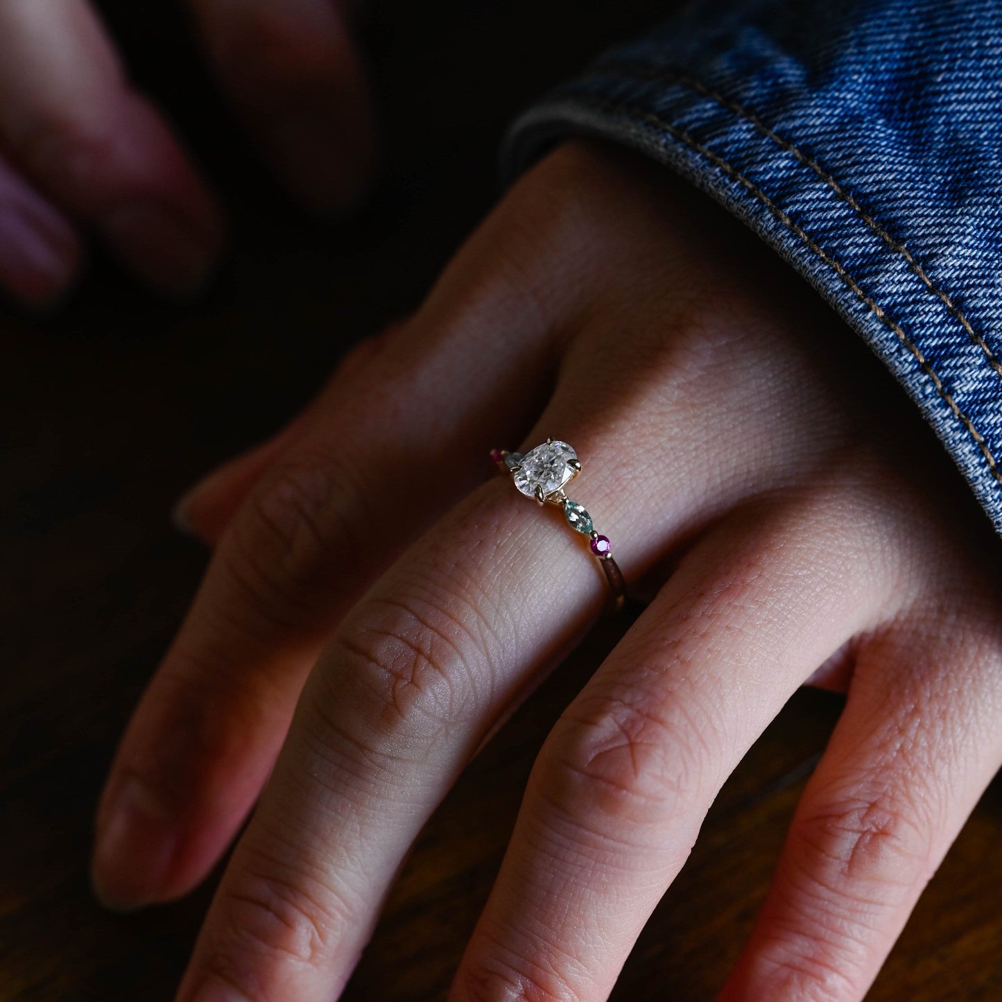 SquareJewelry oval cut moissanite engagement ring Solid Gold Oval Cut Moissanite Engagement Ring with Aquamarine & Ruby Side Stones