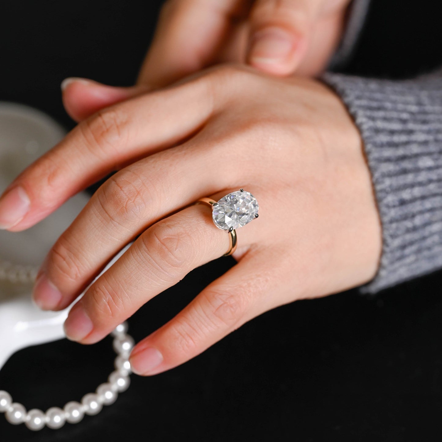 SquareJewelry oval cut moissanite engagement ring Solid Gold Solitaire Two Tone Elongated Oval Moissanite Engagement Ring
