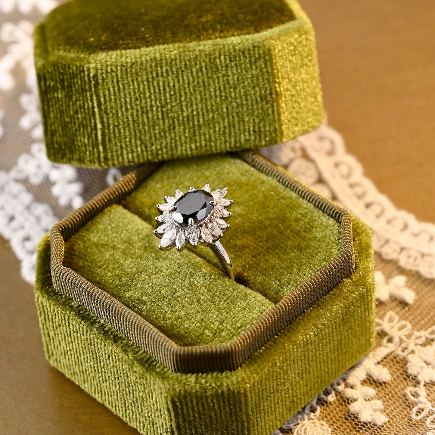 SquareJewelry oval cut moissanite engagement ring Solid Gold Starburst Halo Black Oval Moissanite Engagement Ring