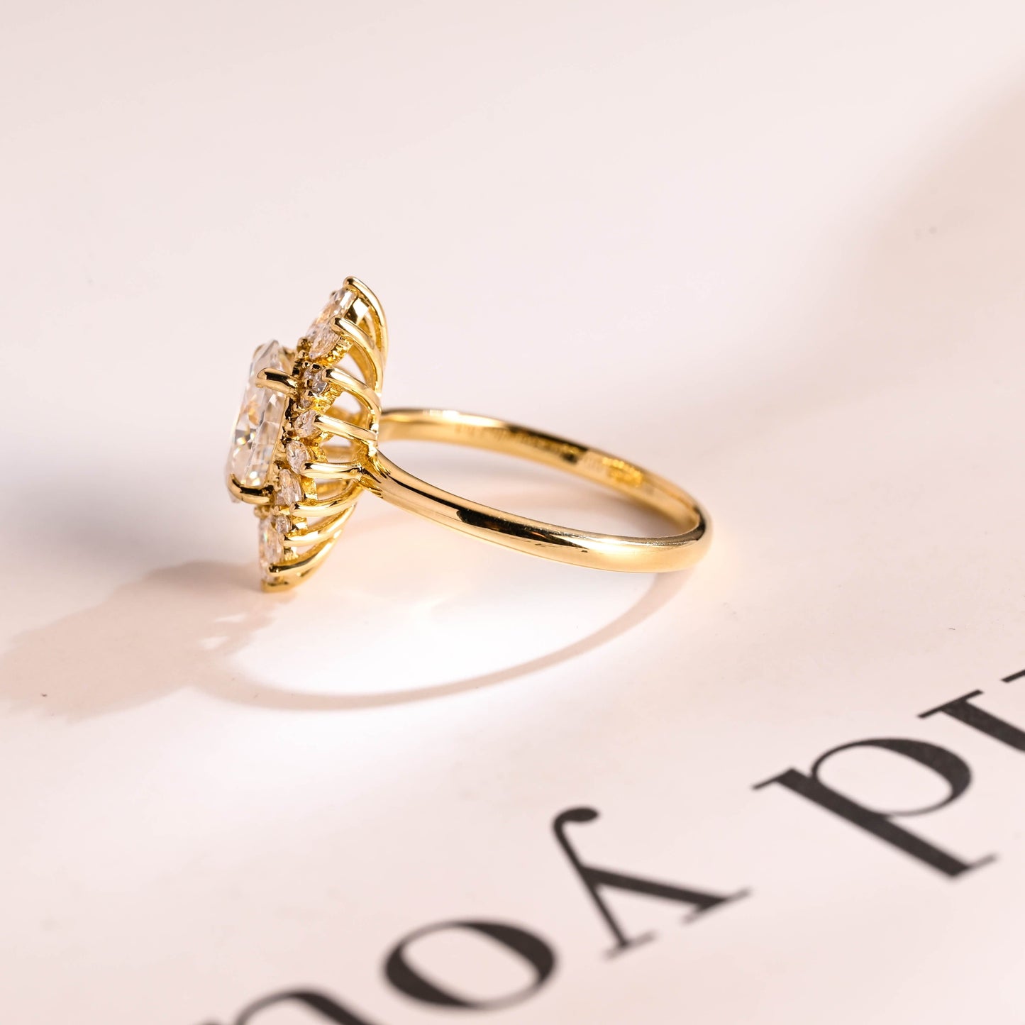 SquareJewelry oval cut moissanite engagement ring Solid Gold Starburst Halo Oval Moissanite Engagement Ring