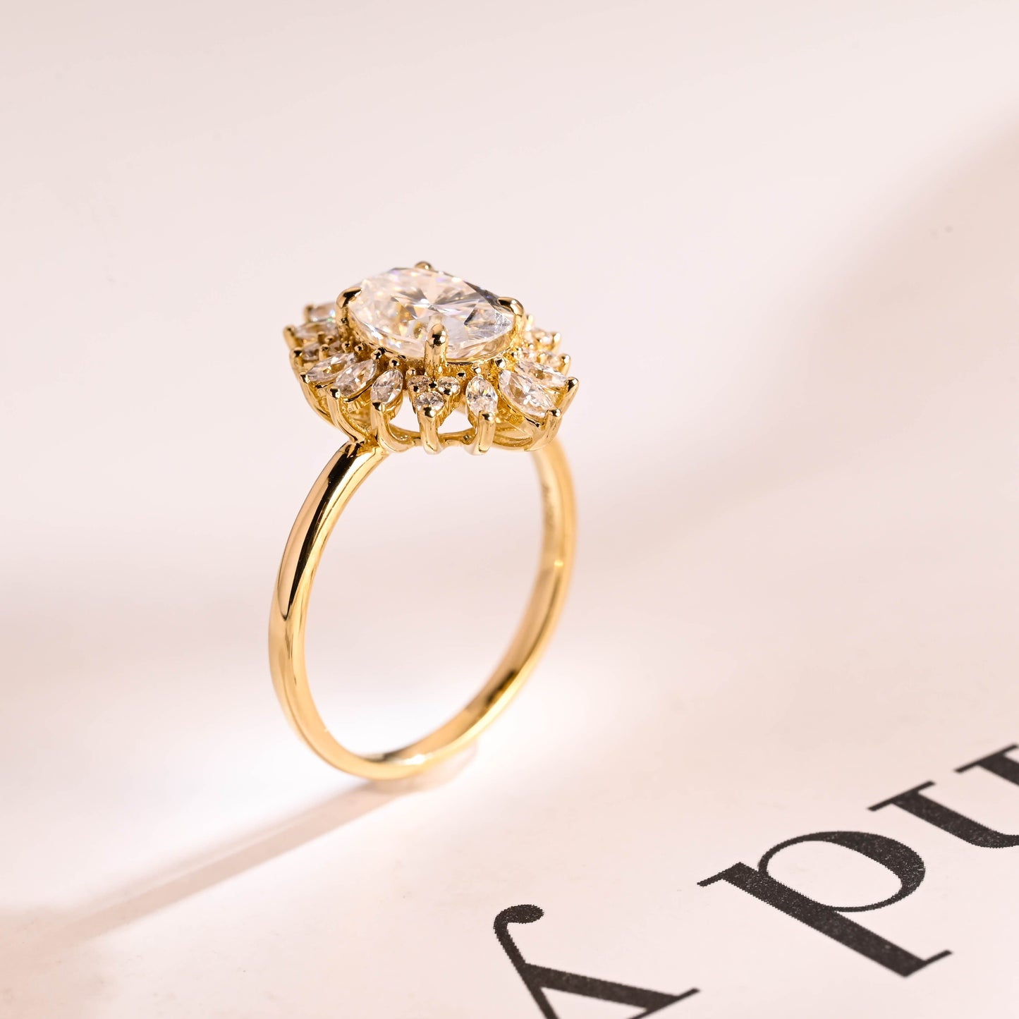 SquareJewelry oval cut moissanite engagement ring Solid Gold Starburst Halo Oval Moissanite Engagement Ring