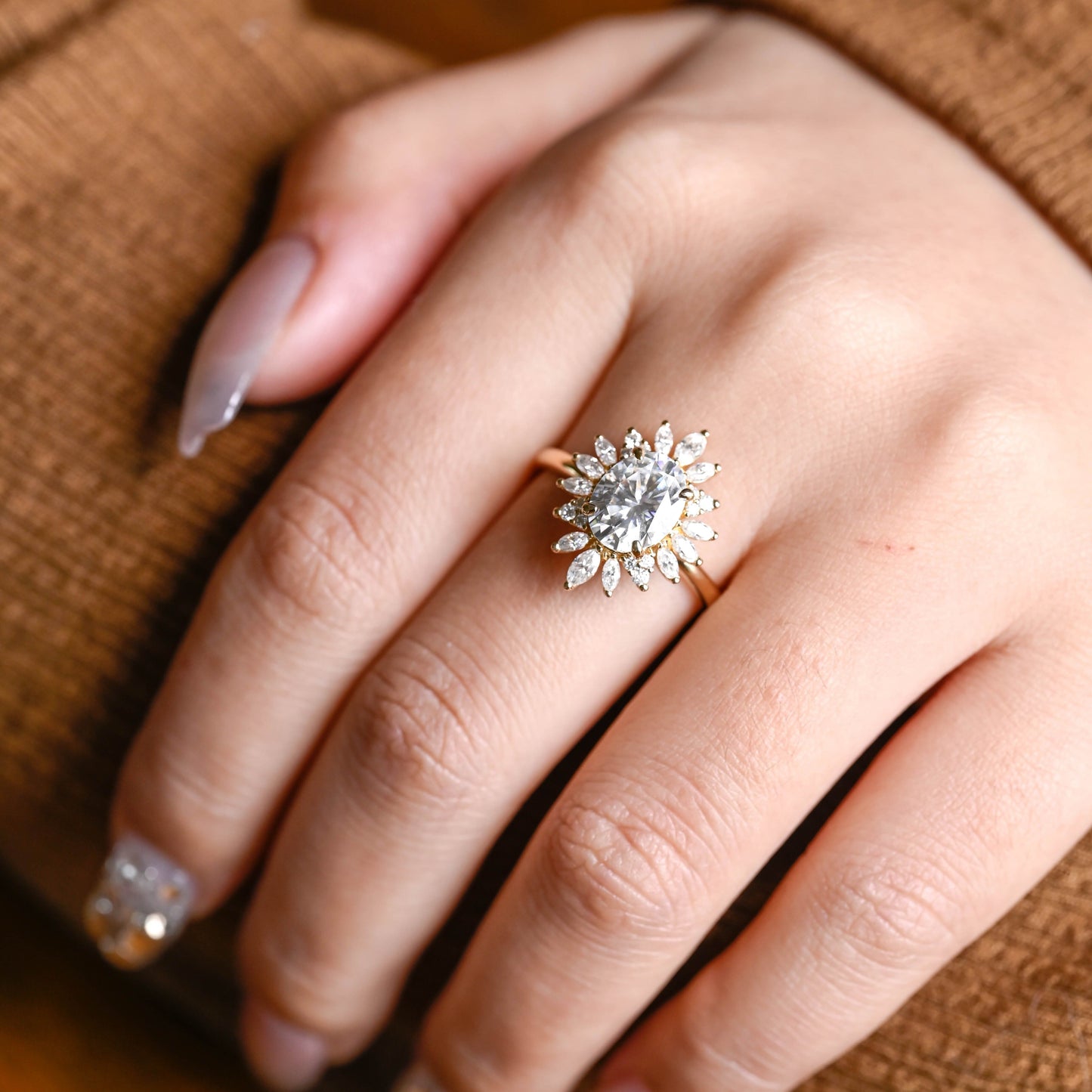 SquareJewelry oval cut moissanite engagement ring Solid Gold Starburst Halo Oval Moissanite Engagement Ring