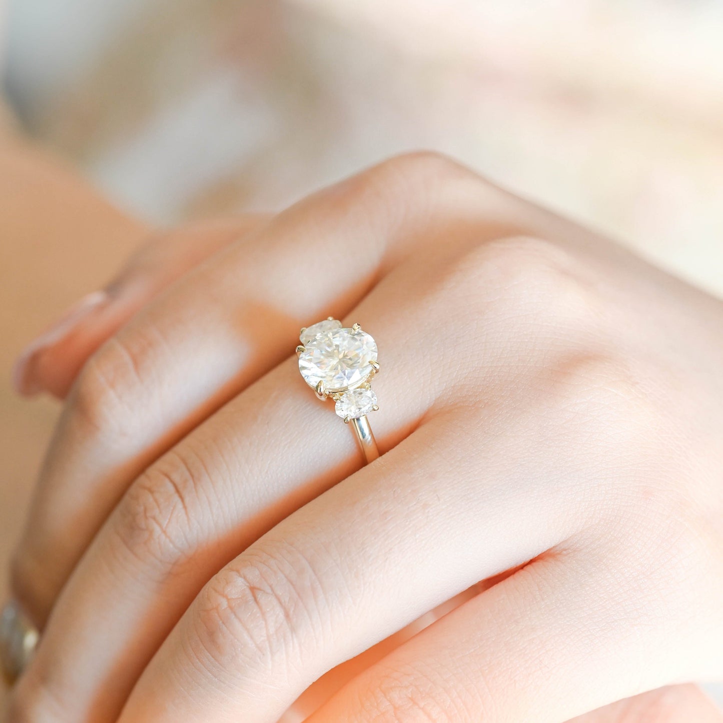 SquareJewelry oval cut moissanite engagement ring Solid Gold Three Stone Oval Cut Moissanite Engagement Ring