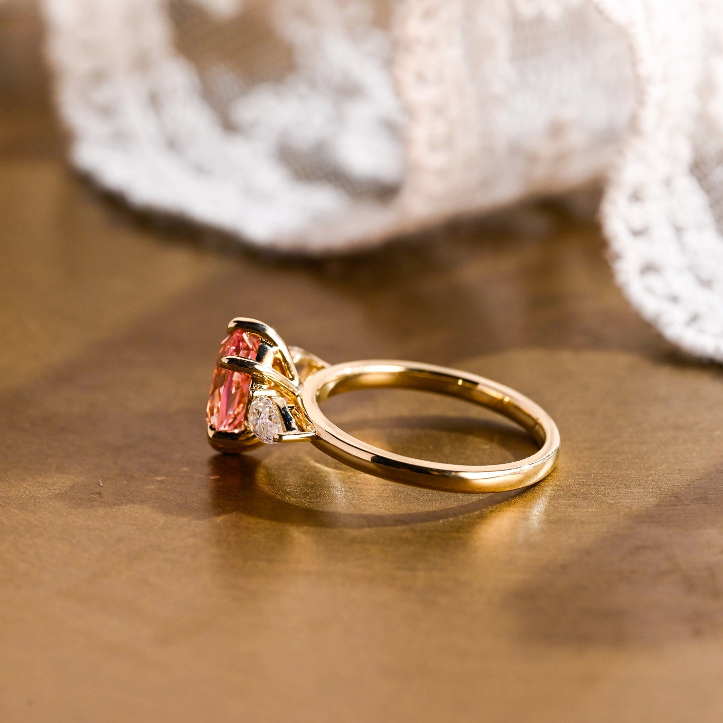 SquareJewelry oval cut moissanite engagement ring Solid Gold Three Stone Oval Cut Pink Moissanite Engagement Ring