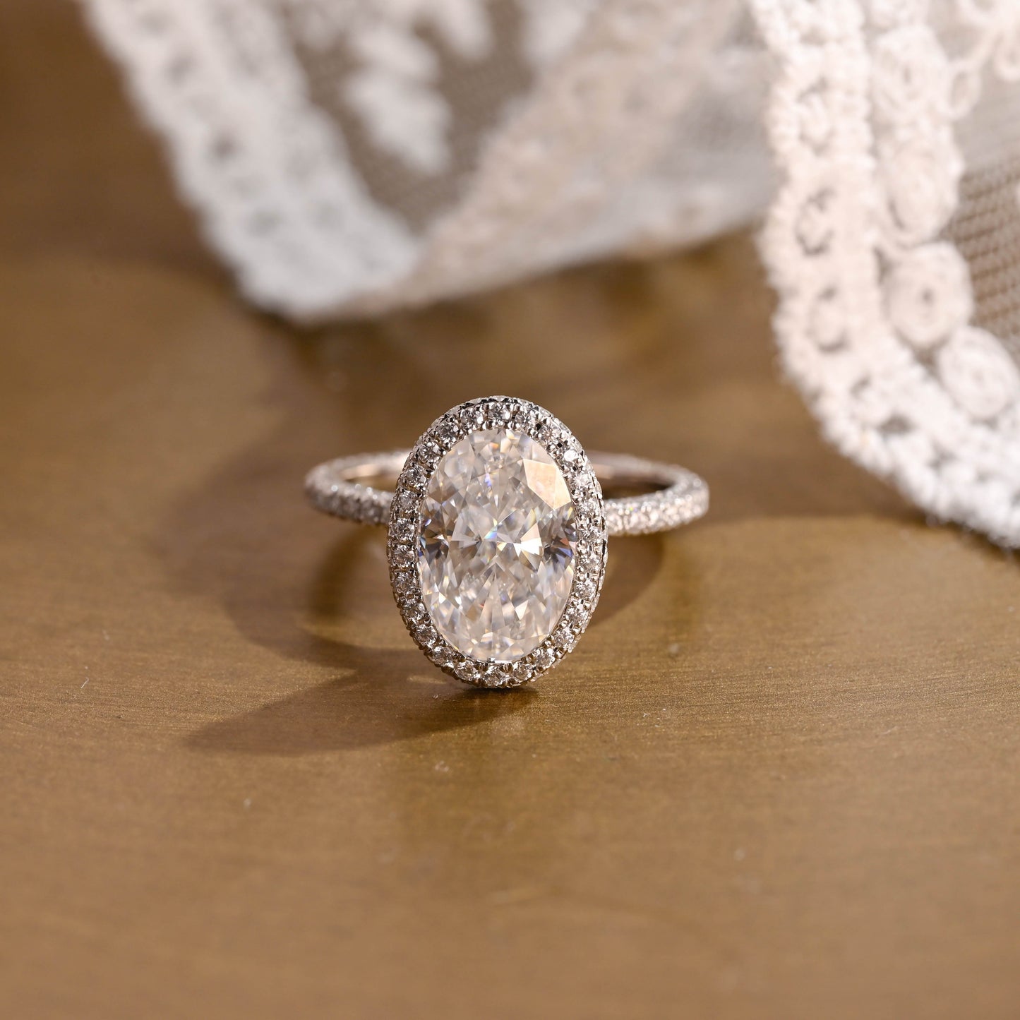 SquareJewelry oval cut moissanite engagement ring Solid Gold U-Pave on Prongs Halo Oval Cut Moissanite Engagement Ring with Three Rows Pave