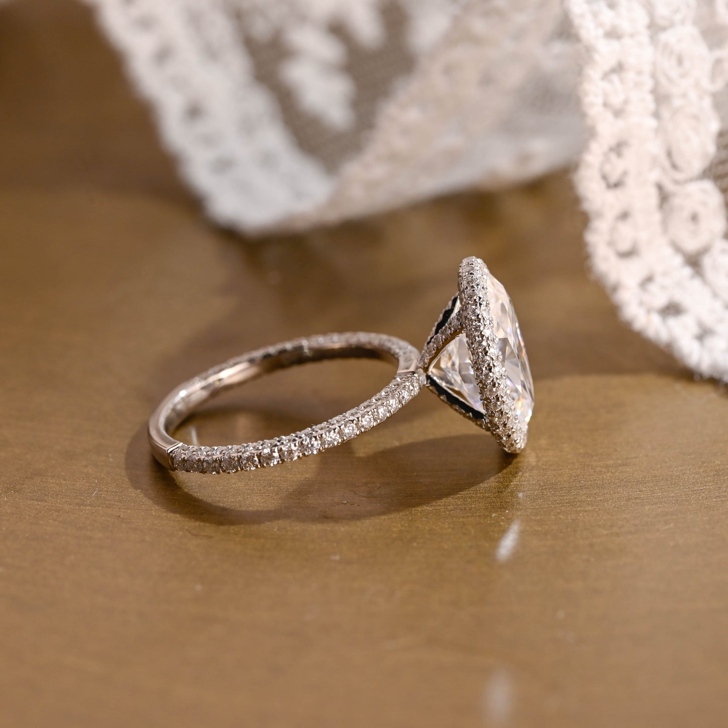 SquareJewelry oval cut moissanite engagement ring Solid Gold U-Pave on Prongs Halo Oval Cut Moissanite Engagement Ring with Three Rows Pave