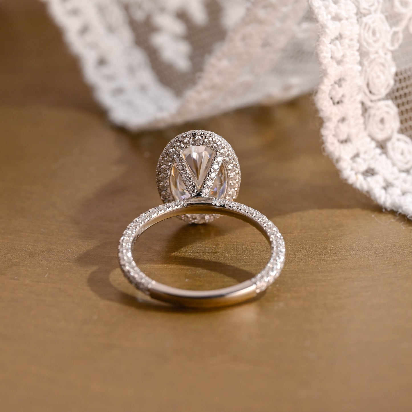 SquareJewelry oval cut moissanite engagement ring Solid Gold U-Pave on Prongs Halo Oval Cut Moissanite Engagement Ring with Three Rows Pave
