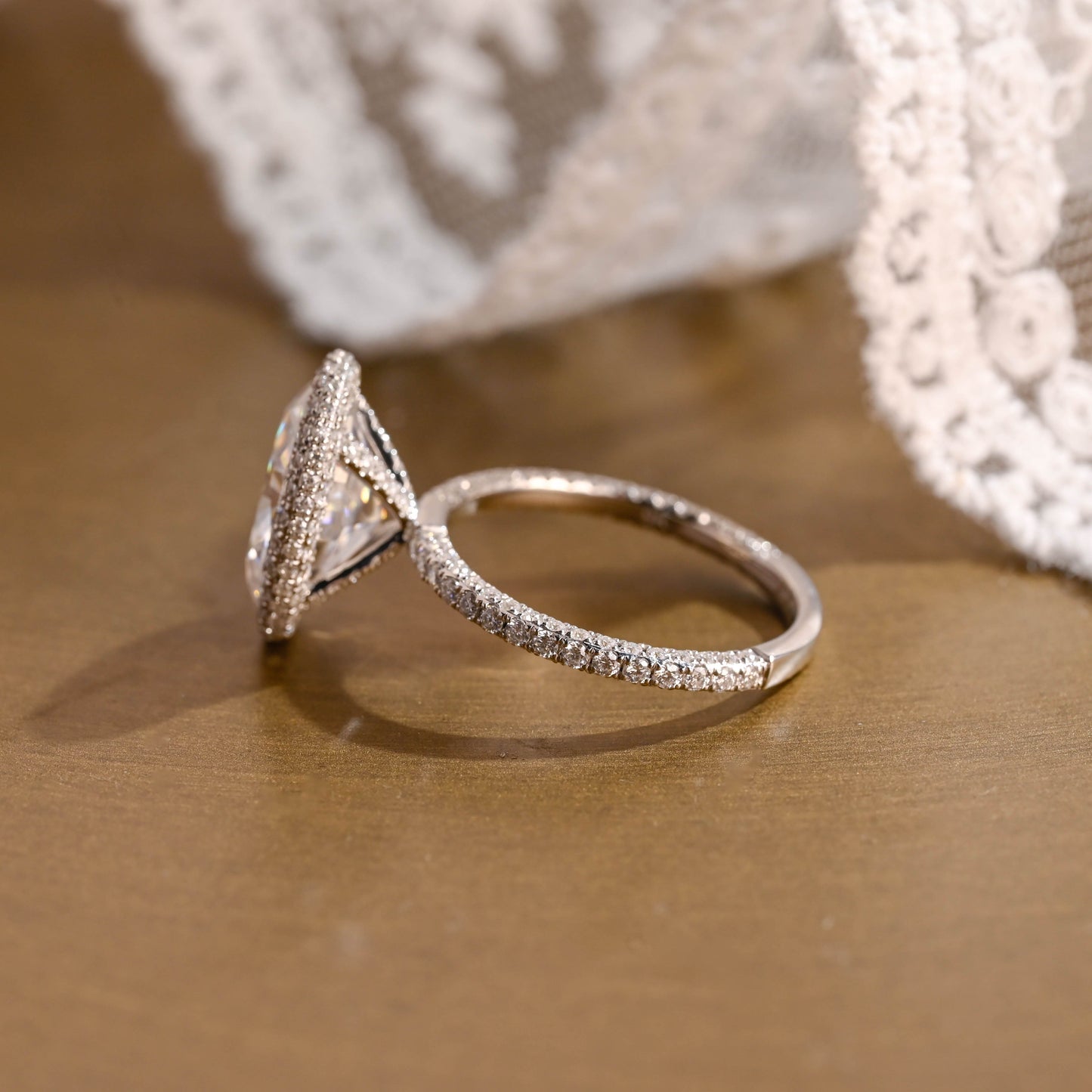 SquareJewelry oval cut moissanite engagement ring Solid Gold U-Pave on Prongs Halo Oval Cut Moissanite Engagement Ring with Three Rows Pave