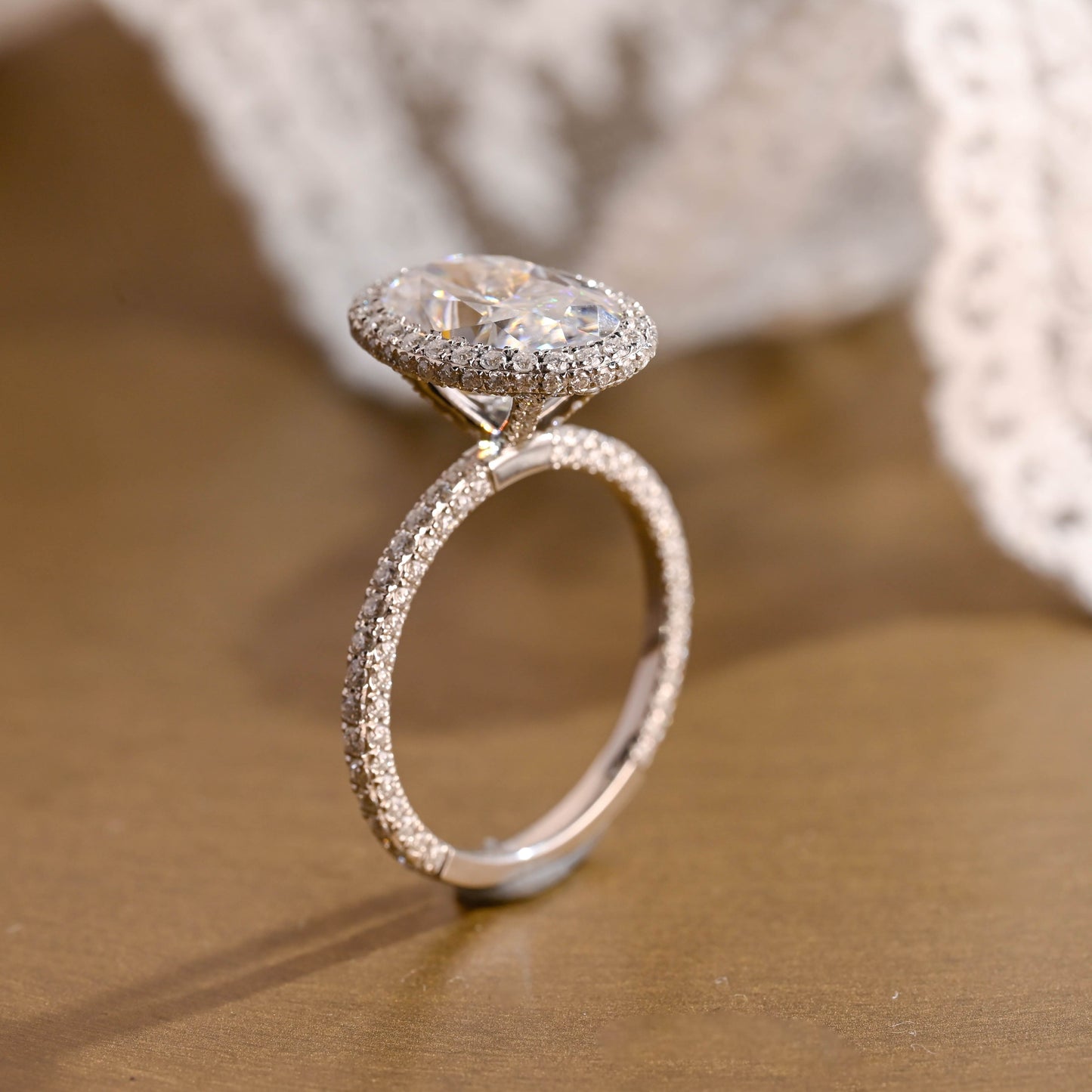SquareJewelry oval cut moissanite engagement ring Solid Gold U-Pave on Prongs Halo Oval Cut Moissanite Engagement Ring with Three Rows Pave