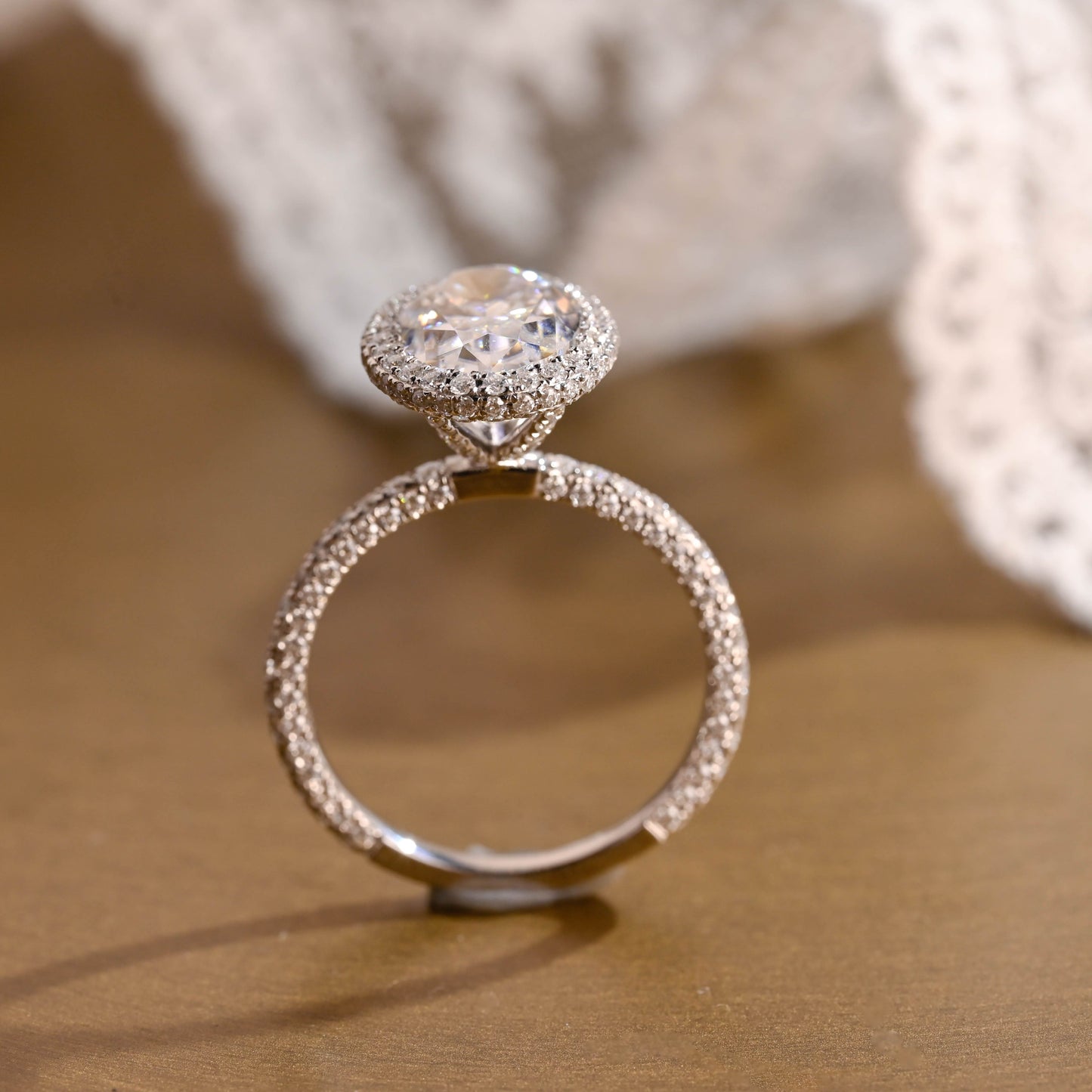 SquareJewelry oval cut moissanite engagement ring Solid Gold U-Pave on Prongs Halo Oval Cut Moissanite Engagement Ring with Three Rows Pave
