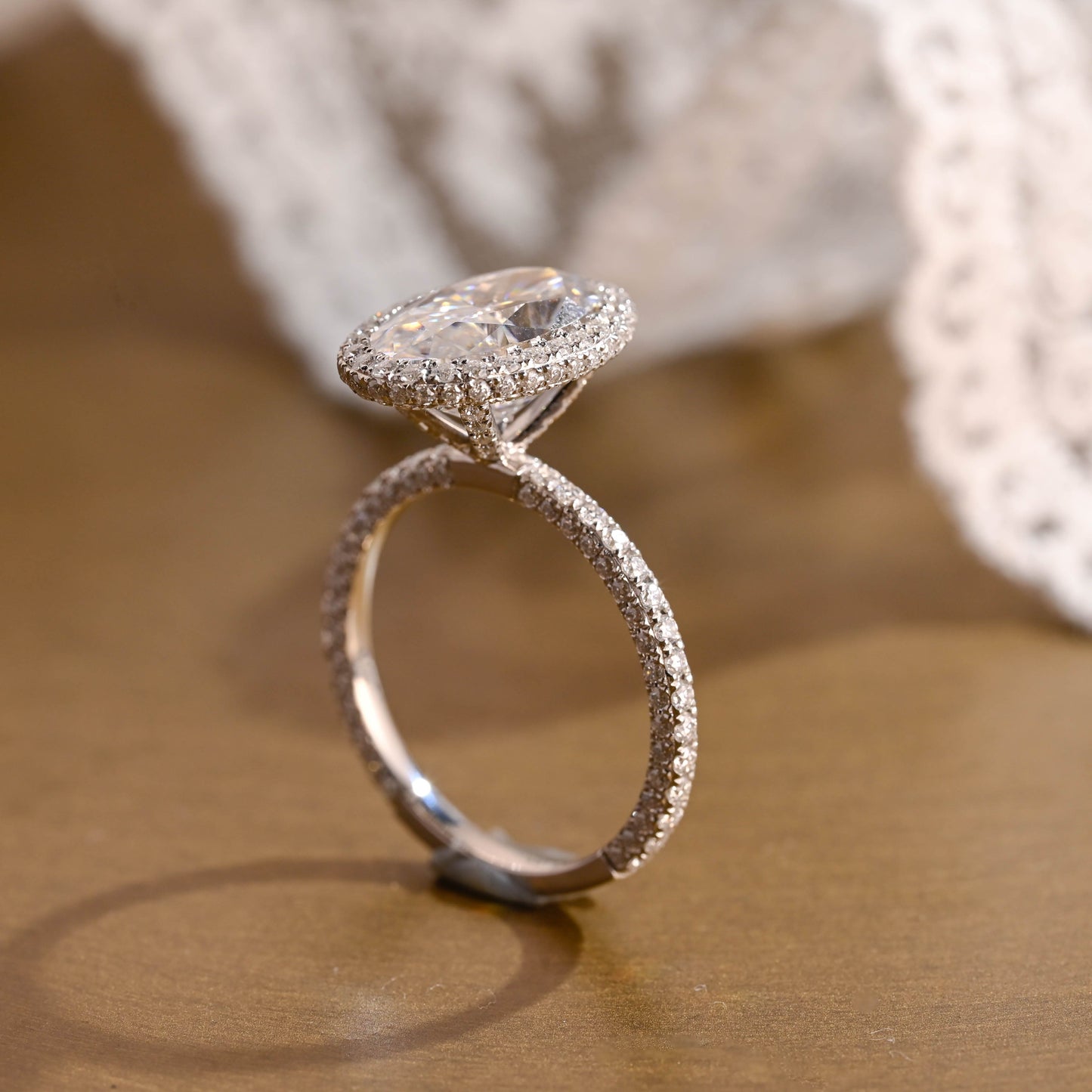SquareJewelry oval cut moissanite engagement ring Solid Gold U-Pave on Prongs Halo Oval Cut Moissanite Engagement Ring with Three Rows Pave
