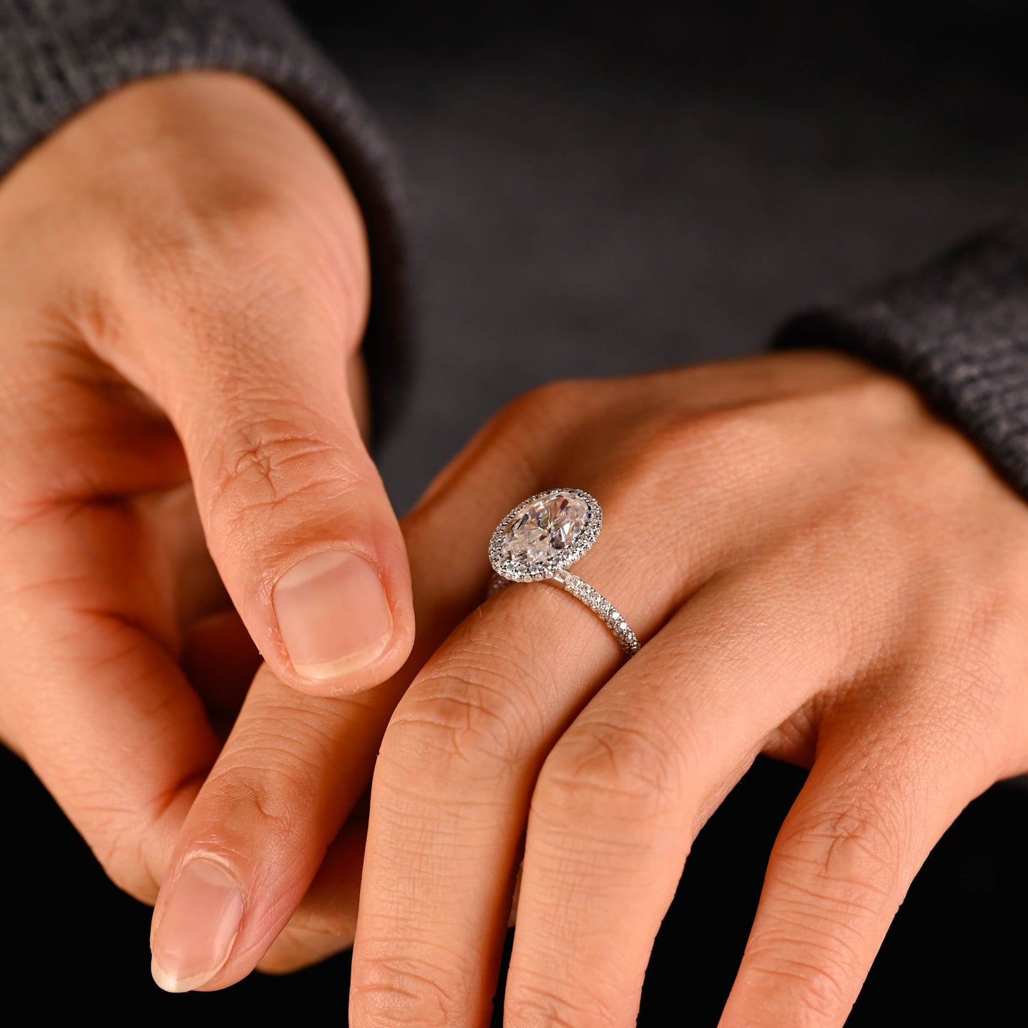 SquareJewelry oval cut moissanite engagement ring Solid Gold U-Pave on Prongs Halo Oval Cut Moissanite Engagement Ring with Three Rows Pave