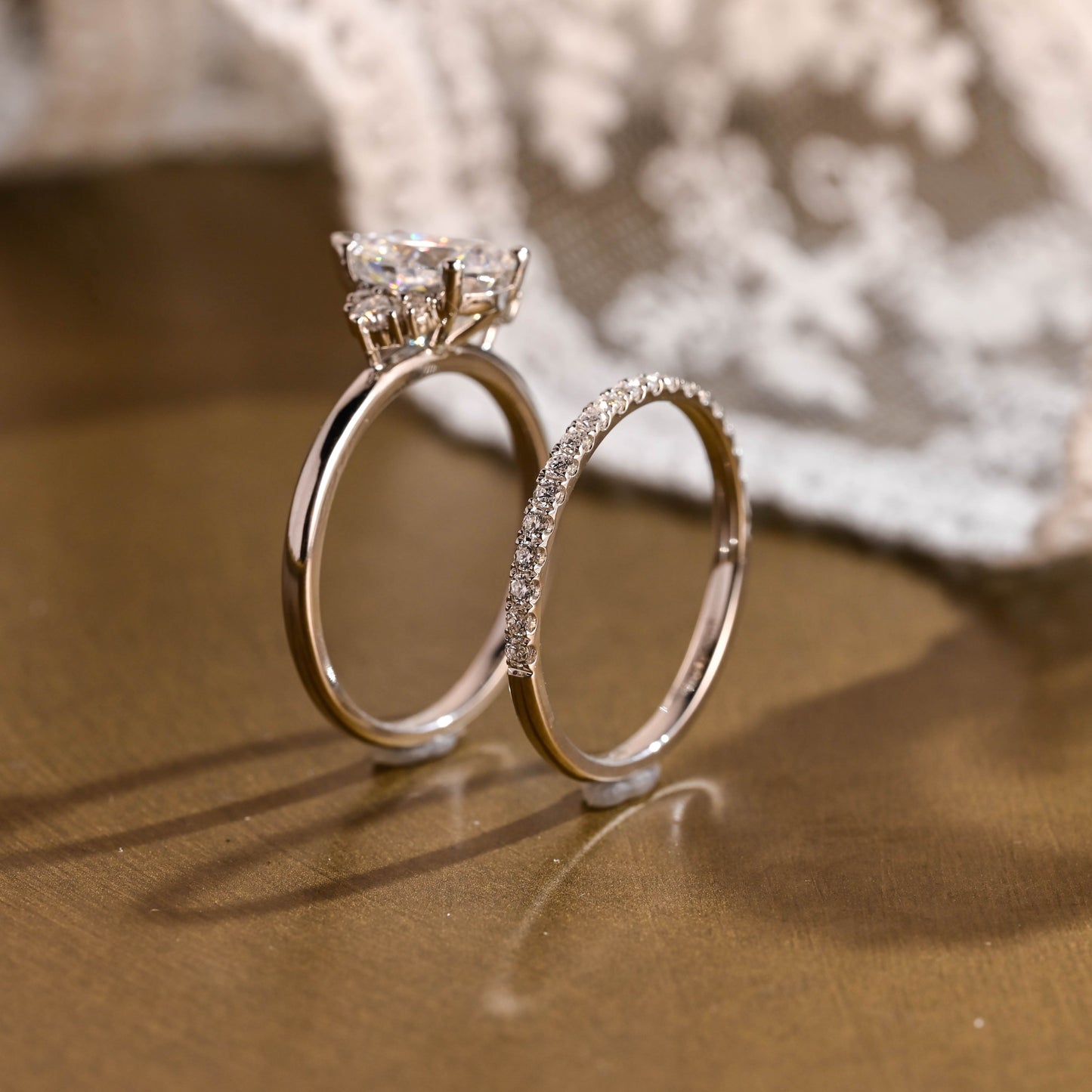 SquareJewelry pear cut bridal set Solid Gold Side Cluster Pear Cut Solitaire Moissainte Wedding Ring Set