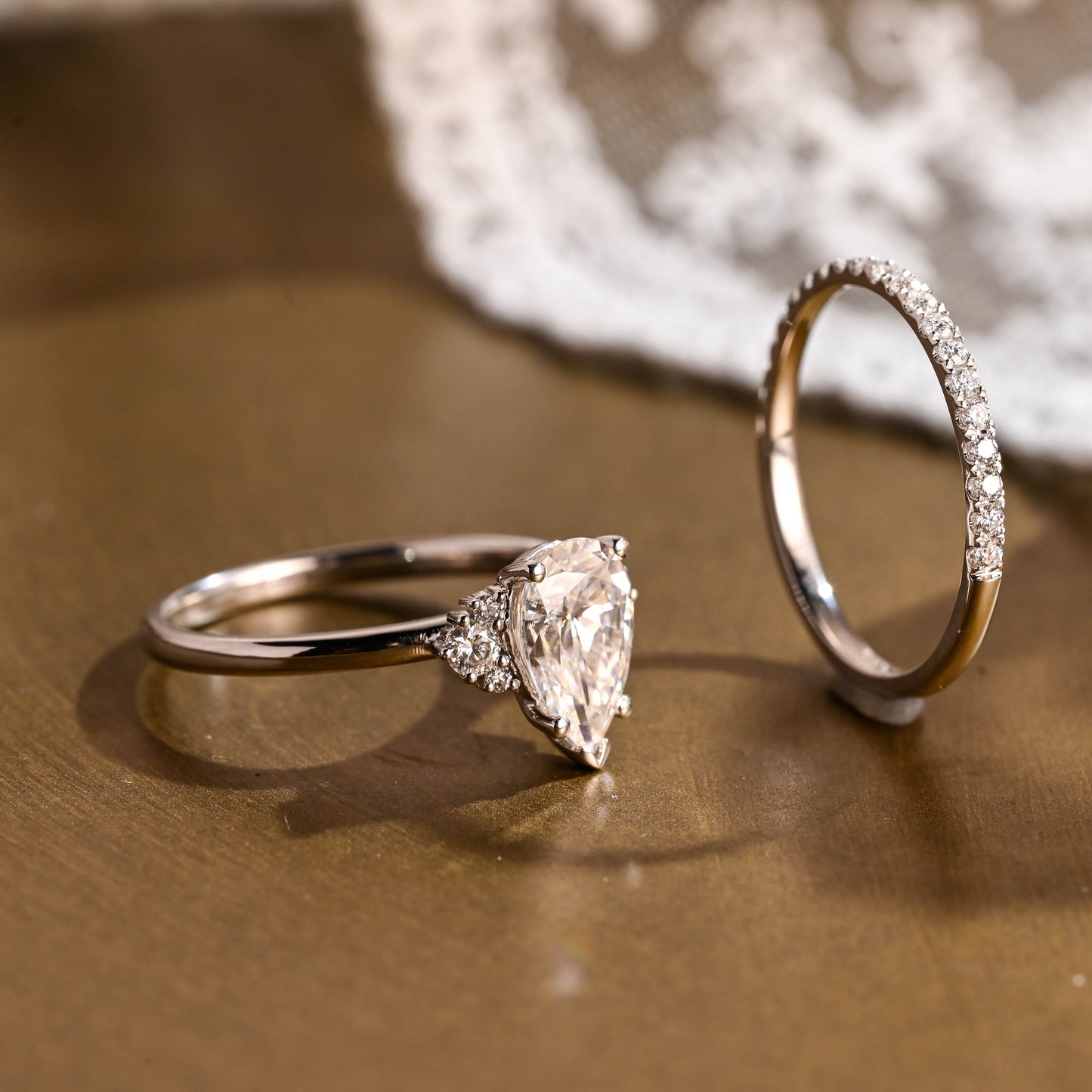 SquareJewelry pear cut bridal set Solid Gold Side Cluster Pear Cut Solitaire Moissainte Wedding Ring Set