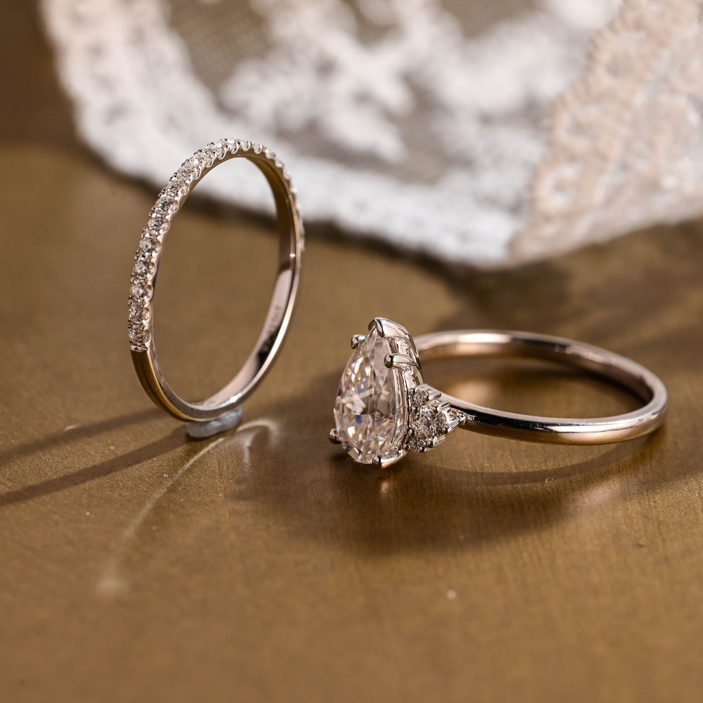 SquareJewelry pear cut bridal set Solid Gold Side Cluster Pear Cut Solitaire Moissainte Wedding Ring Set