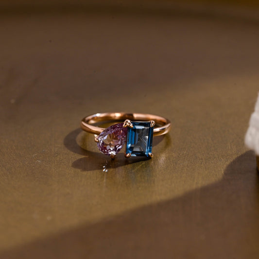 SquareJewelry Pear cut lab grown alexandrite engagement ring Solid Gold Toi et Moi Emerald Cut Topaz & Pear Lab Grown Alexandrite Engagement Ring