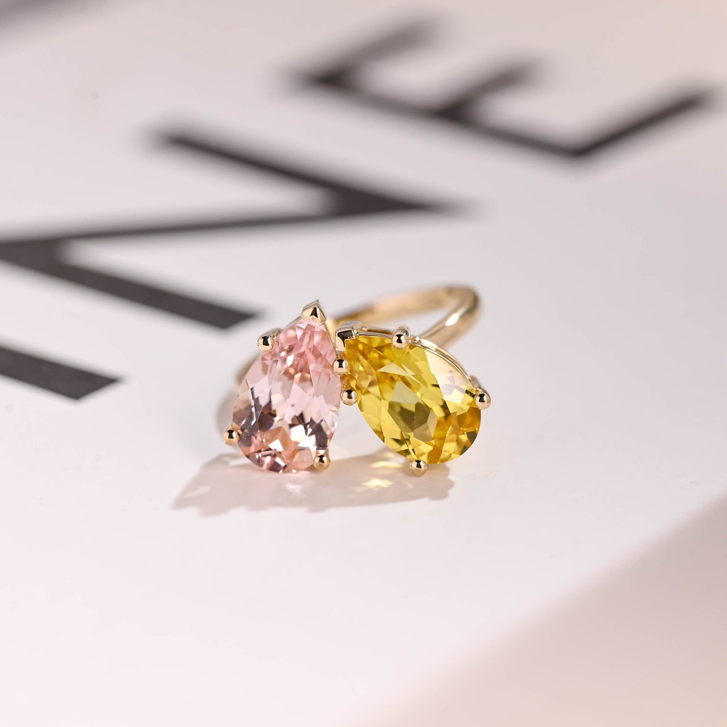 SquareJewelry Pear cut lab grown alexandrite engagement ring Toi et Moi Solid Gold Double Pear Cut Pink Sapphire & Yellow Sapphire Engagement Ring