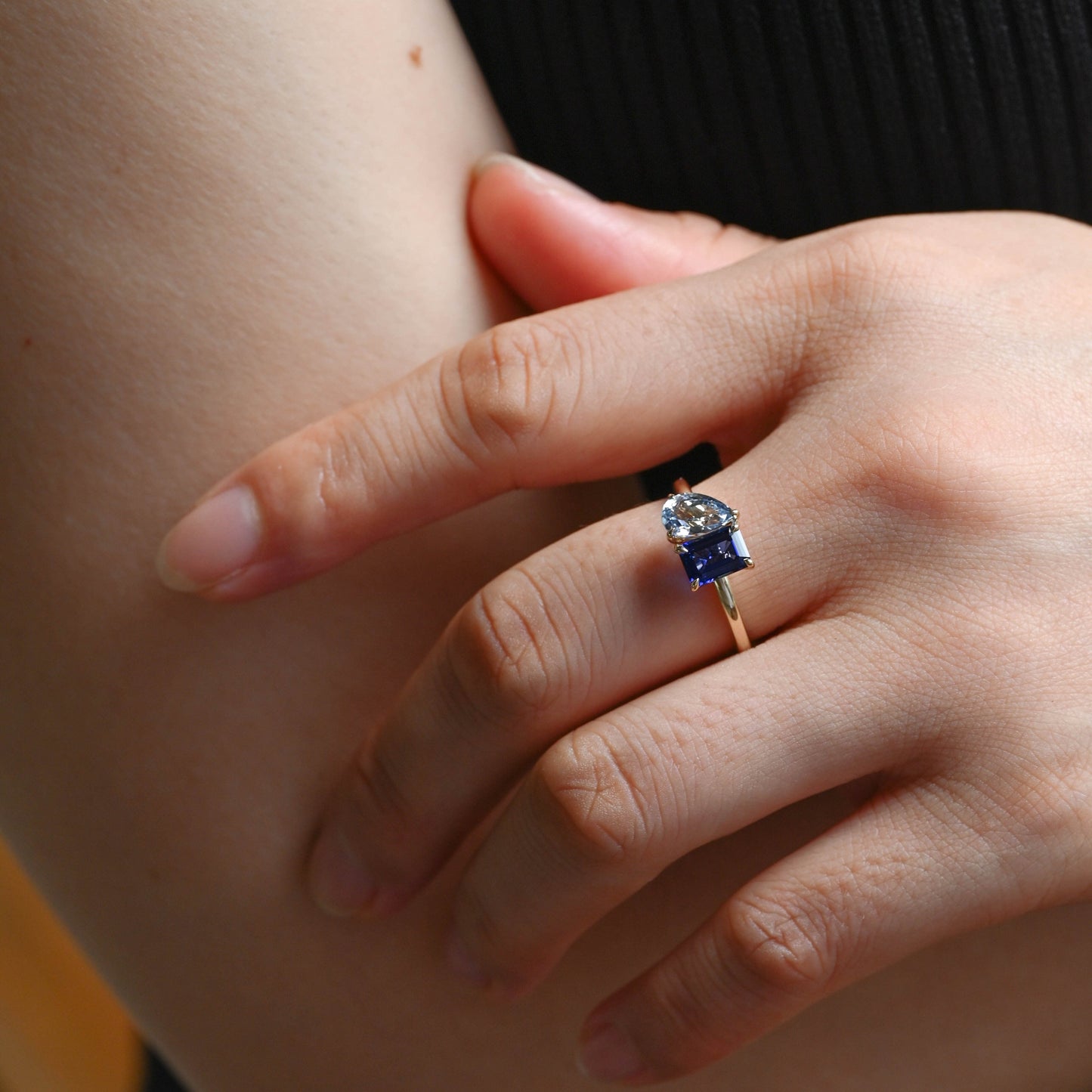 SquareJewelry pear cut lab grown ruby engagement ring Toi et Moi Ring, Solid Gold Emerald Cut Lab Grown Blue Sapphire & Pear Cut Lab Grown Aquamarine Sapphire Engagement Ring