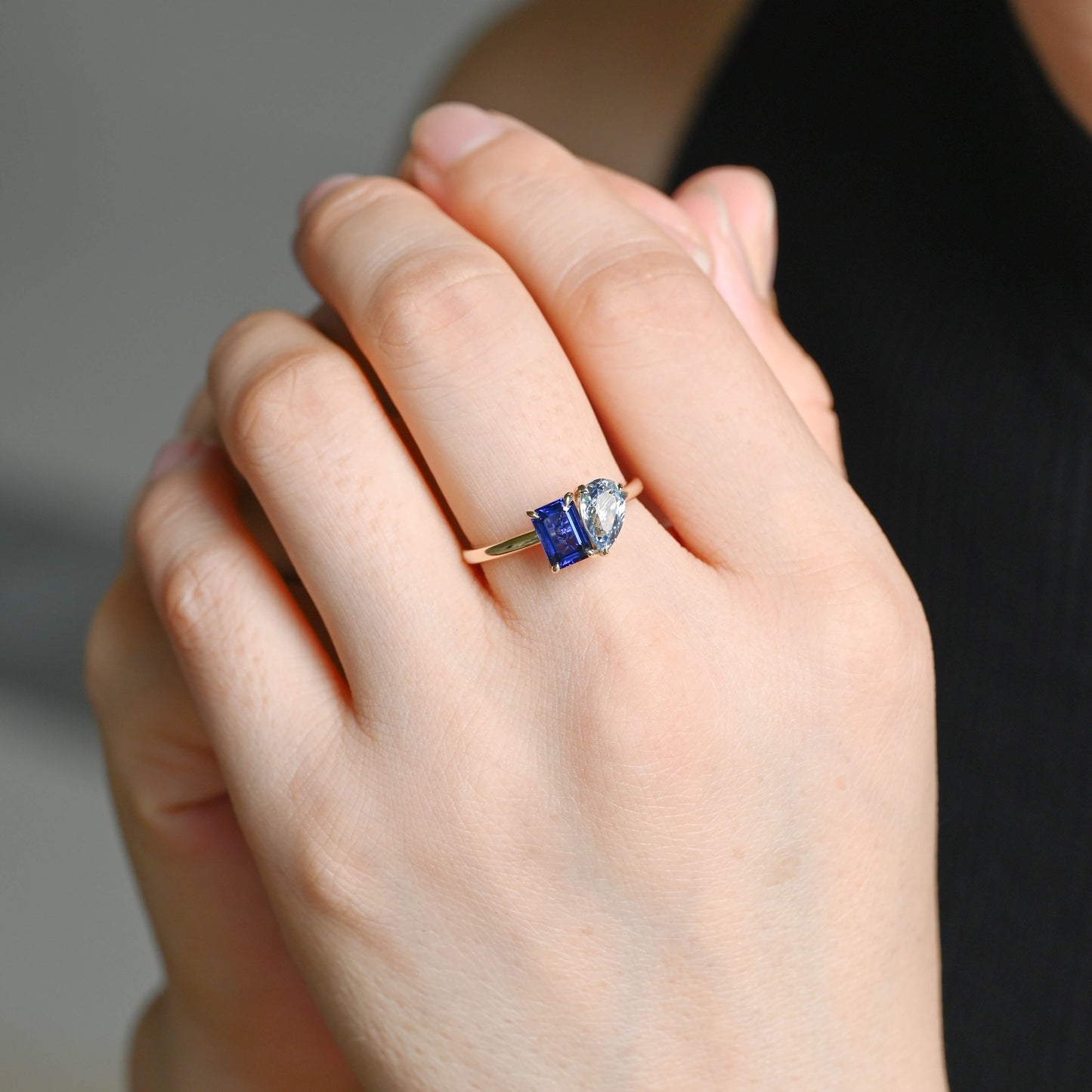 SquareJewelry pear cut lab grown ruby engagement ring Toi et Moi Ring, Solid Gold Emerald Cut Lab Grown Blue Sapphire & Pear Cut Lab Grown Aquamarine Sapphire Engagement Ring
