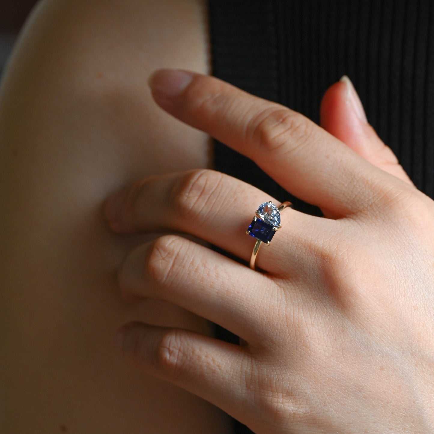 SquareJewelry pear cut lab grown ruby engagement ring Toi et Moi Ring, Solid Gold Emerald Cut Lab Grown Blue Sapphire & Pear Cut Lab Grown Aquamarine Sapphire Engagement Ring