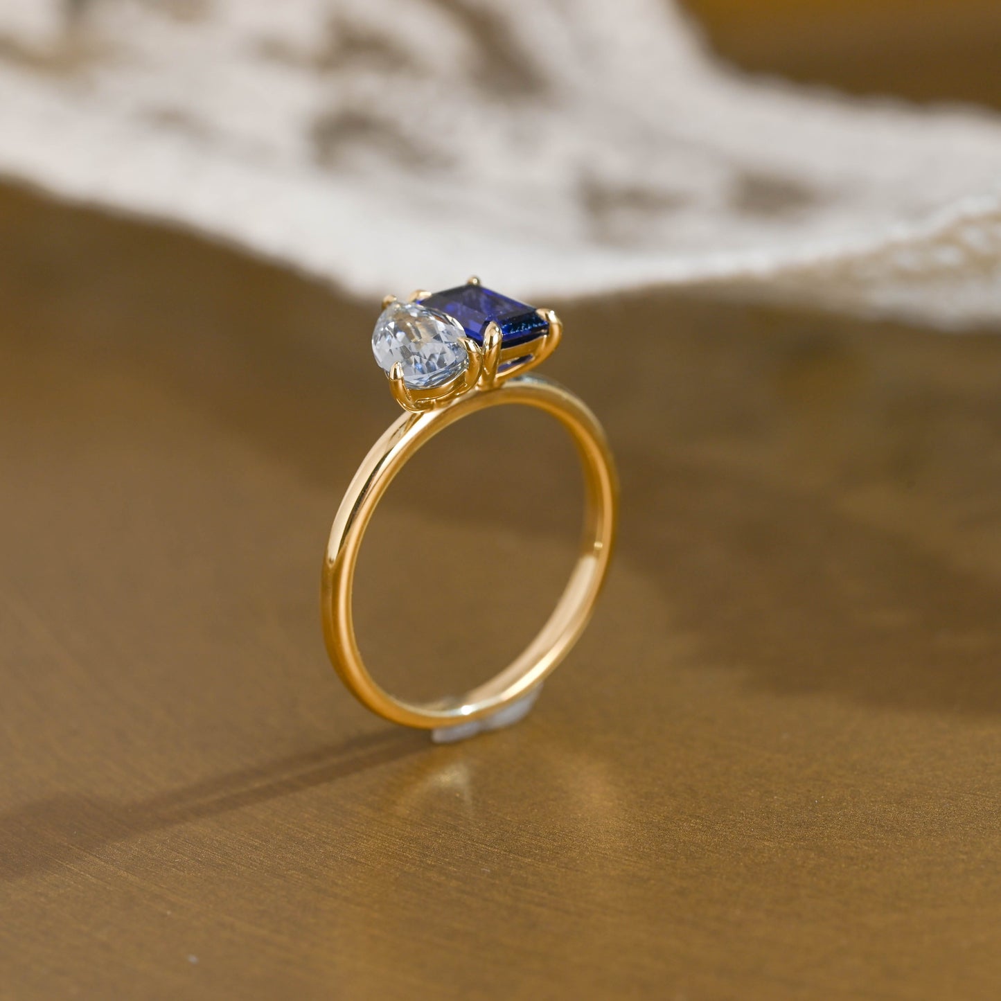 SquareJewelry pear cut lab grown ruby engagement ring Toi et Moi Ring, Solid Gold Emerald Cut Lab Grown Blue Sapphire & Pear Cut Lab Grown Aquamarine Sapphire Engagement Ring