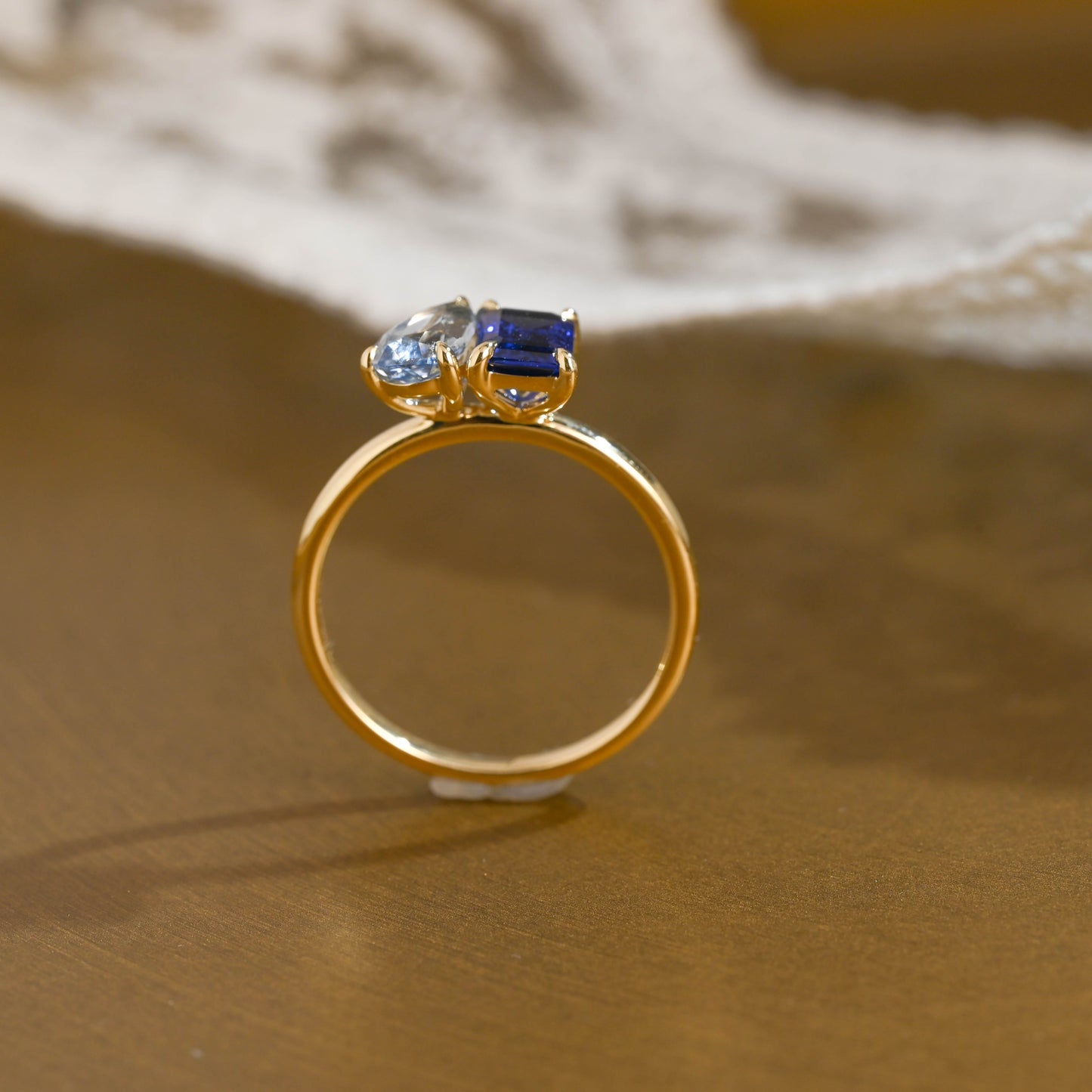 SquareJewelry pear cut lab grown ruby engagement ring Toi et Moi Ring, Solid Gold Emerald Cut Lab Grown Blue Sapphire & Pear Cut Lab Grown Aquamarine Sapphire Engagement Ring