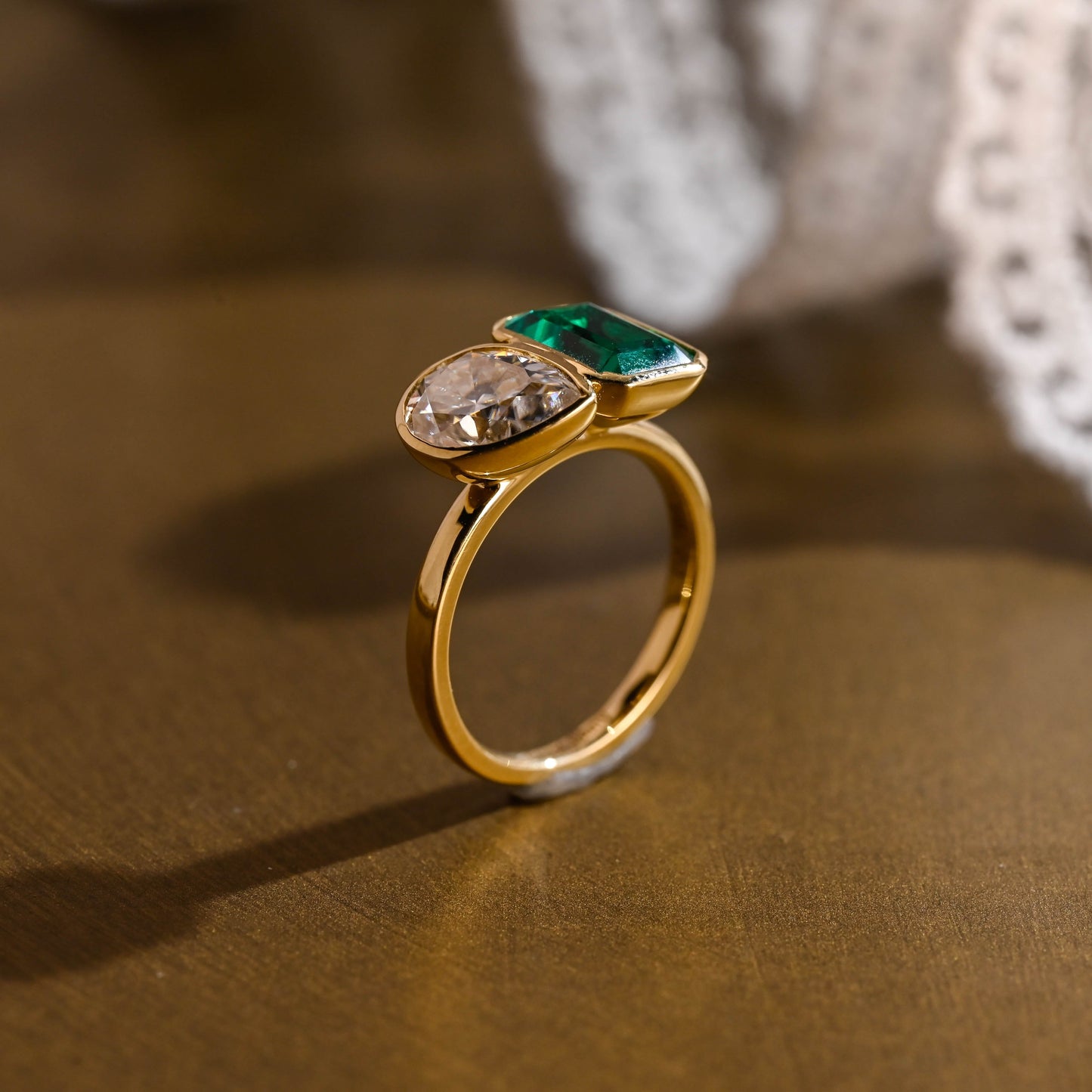 SquareJewelry pear cut moissanite engagement ring Solid Gold Bezel Toi et Moi Lab Grown Emerald & Pear Moissanite Engagement Ring