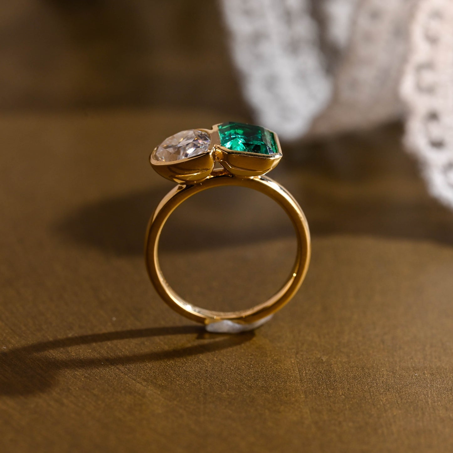 SquareJewelry pear cut moissanite engagement ring Solid Gold Bezel Toi et Moi Lab Grown Emerald & Pear Moissanite Engagement Ring