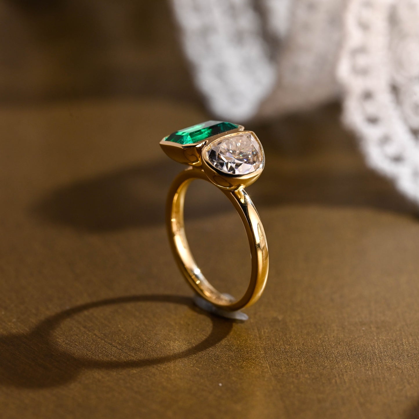 SquareJewelry pear cut moissanite engagement ring Solid Gold Bezel Toi et Moi Lab Grown Emerald & Pear Moissanite Engagement Ring