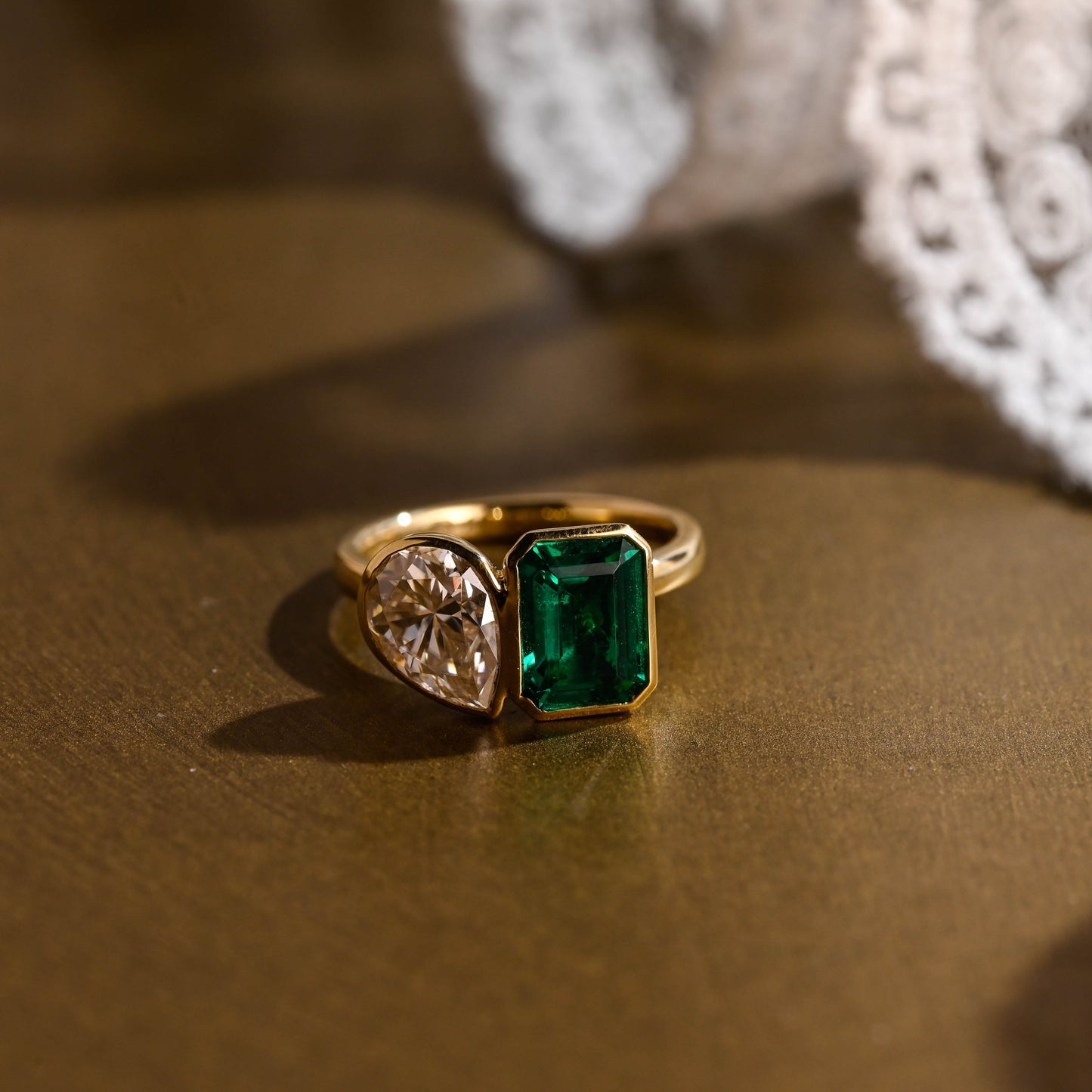 SquareJewelry pear cut moissanite engagement ring Solid Gold Bezel Toi et Moi Lab Grown Emerald & Pear Moissanite Engagement Ring