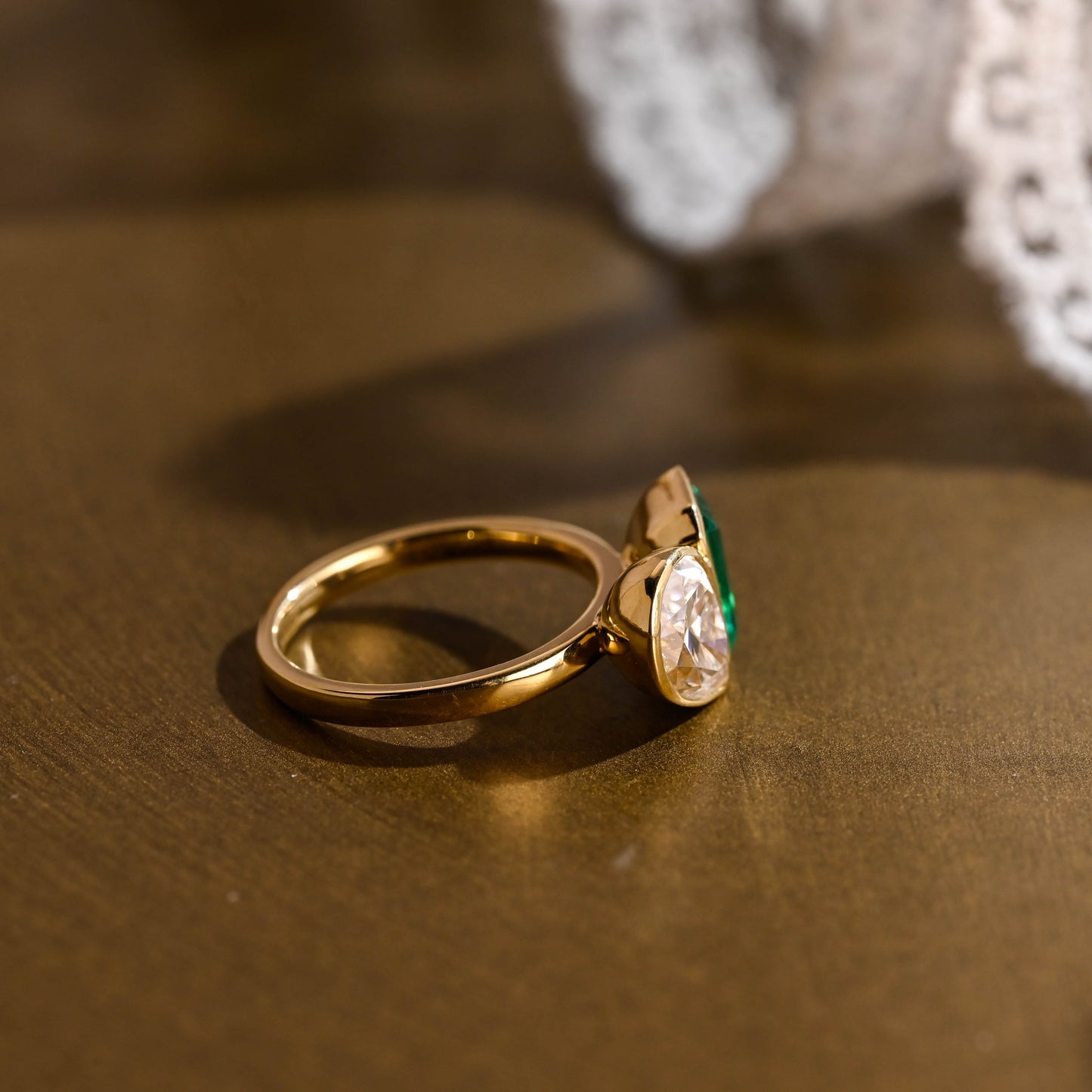 SquareJewelry pear cut moissanite engagement ring Solid Gold Bezel Toi et Moi Lab Grown Emerald & Pear Moissanite Engagement Ring