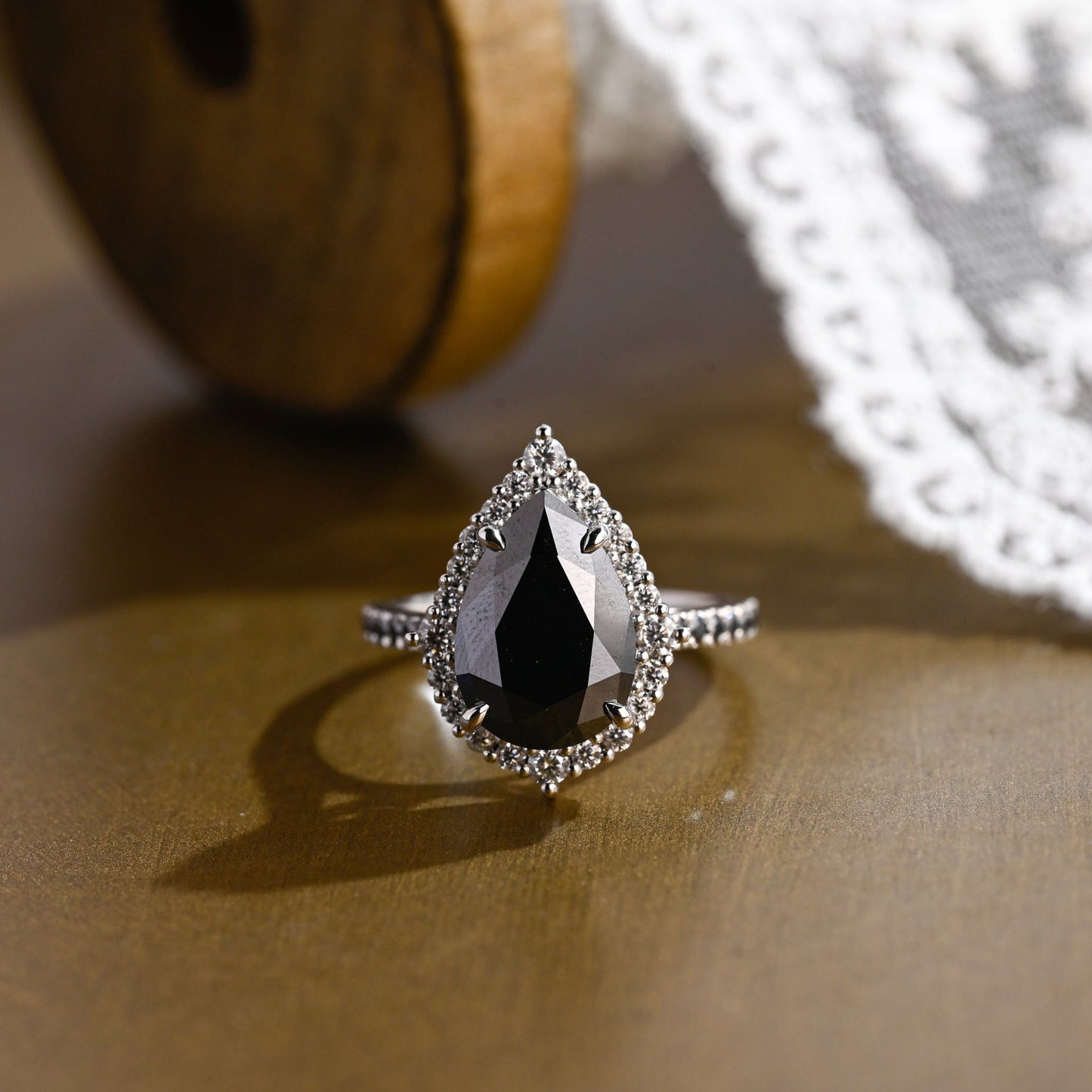 SquareJewelry pear cut moissanite engagement ring Solid Gold Goth Vintage Black Tear Drop Pear Moissanite Engagement Ring