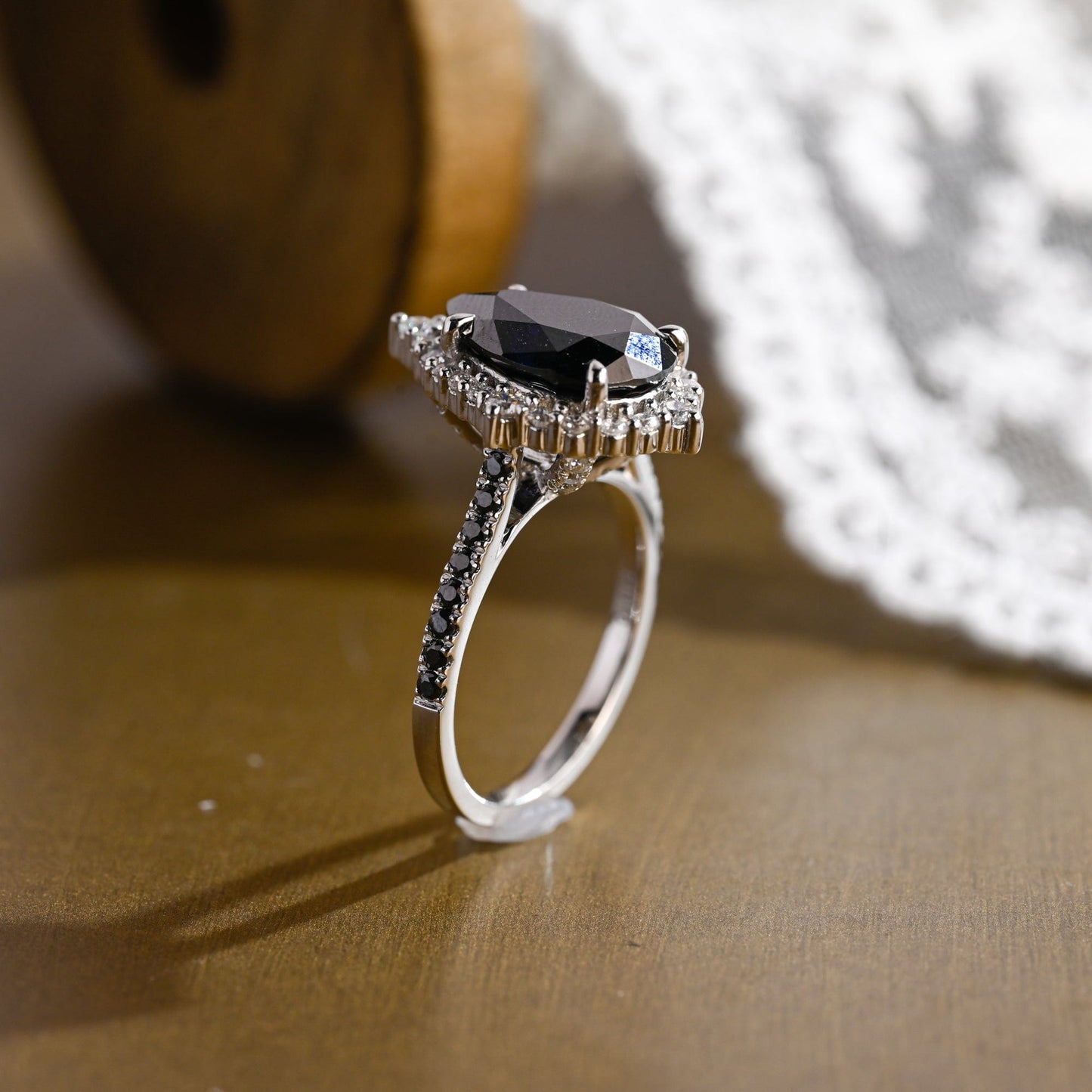 SquareJewelry pear cut moissanite engagement ring Solid Gold Goth Vintage Black Tear Drop Pear Moissanite Engagement Ring