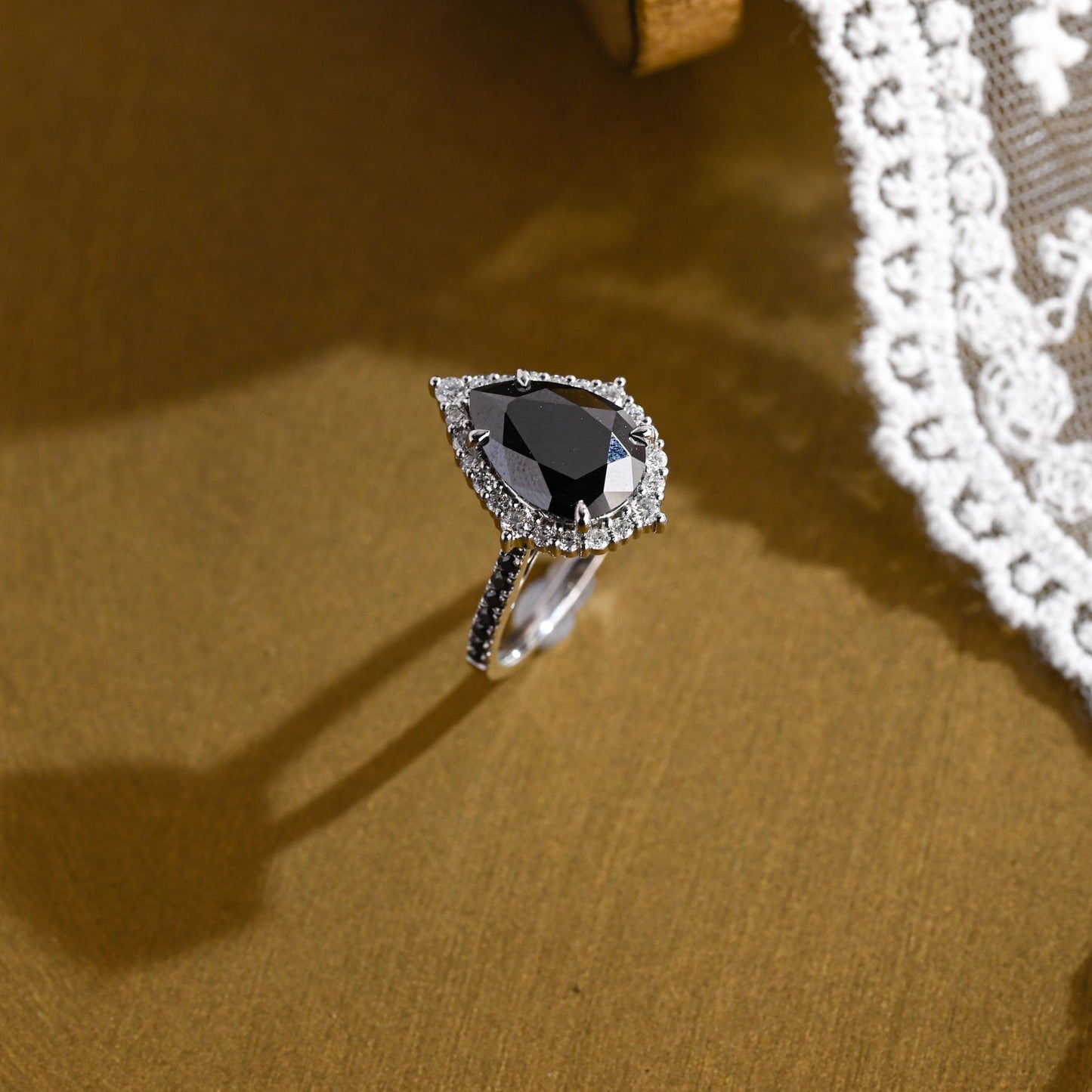 SquareJewelry pear cut moissanite engagement ring Solid Gold Goth Vintage Black Tear Drop Pear Moissanite Engagement Ring
