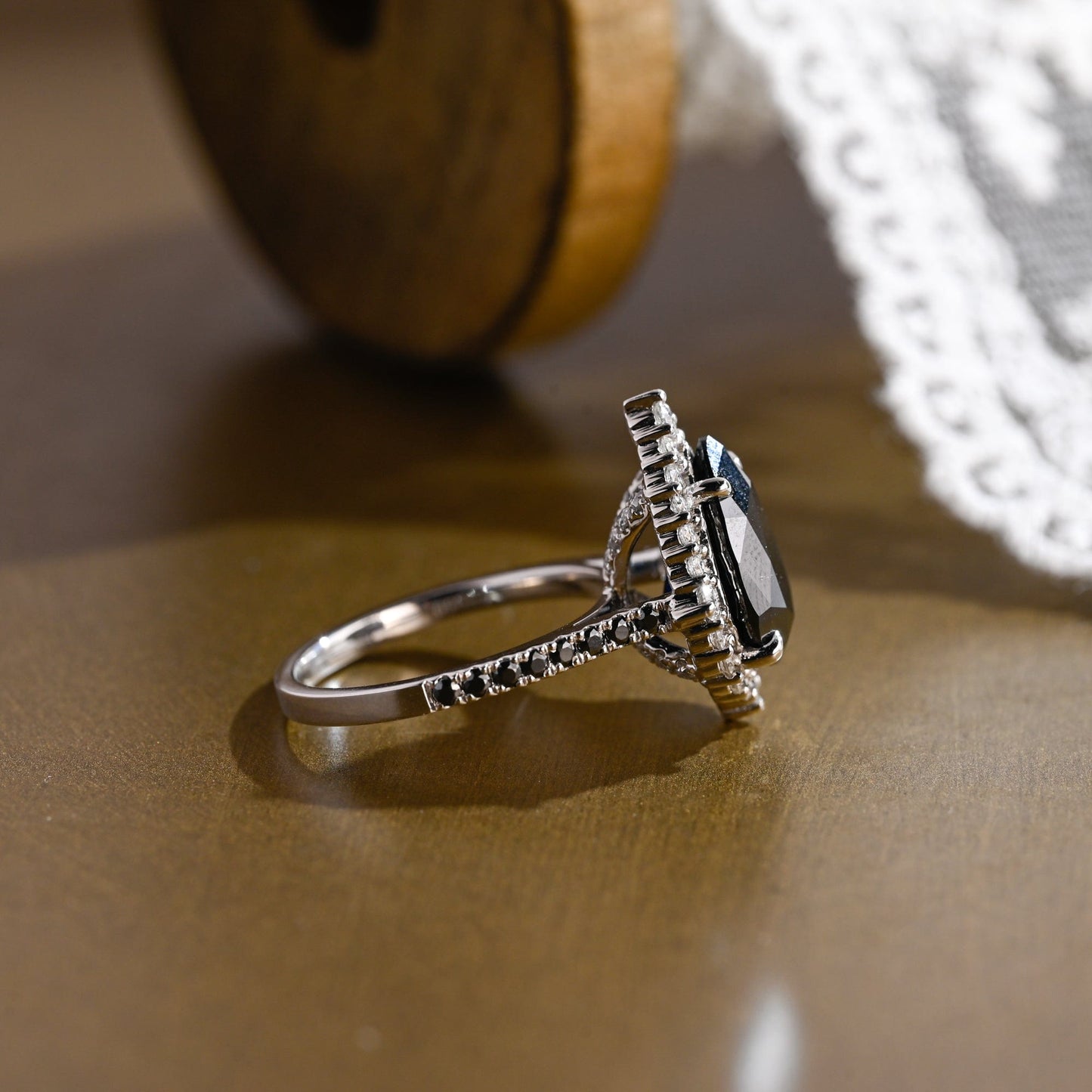 SquareJewelry pear cut moissanite engagement ring Solid Gold Goth Vintage Black Tear Drop Pear Moissanite Engagement Ring