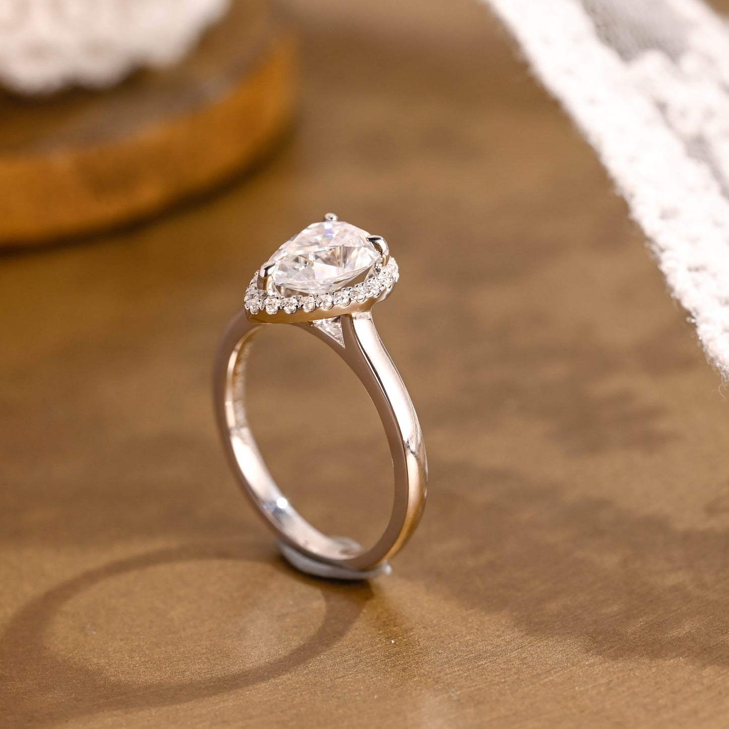 SquareJewelry pear cut moissanite engagement ring Solid Gold Halo Pear Moissanite Engagement Ring