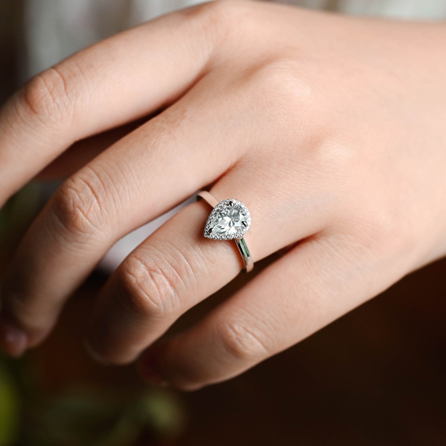 SquareJewelry pear cut moissanite engagement ring Solid Gold Halo Pear Moissanite Engagement Ring
