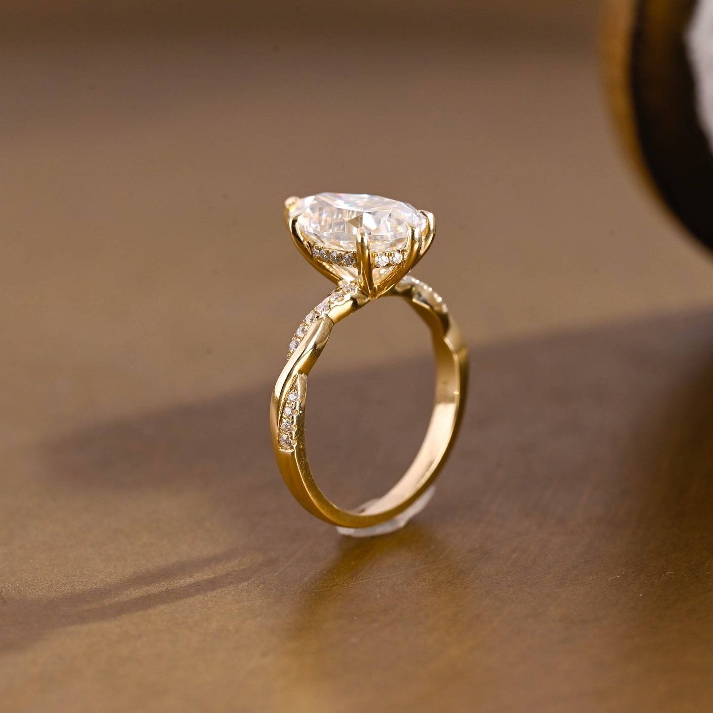 SquareJewelry pear cut moissanite engagement ring Solid Gold Hidden Halo Pear Twisted Moissanite Engagement Ring