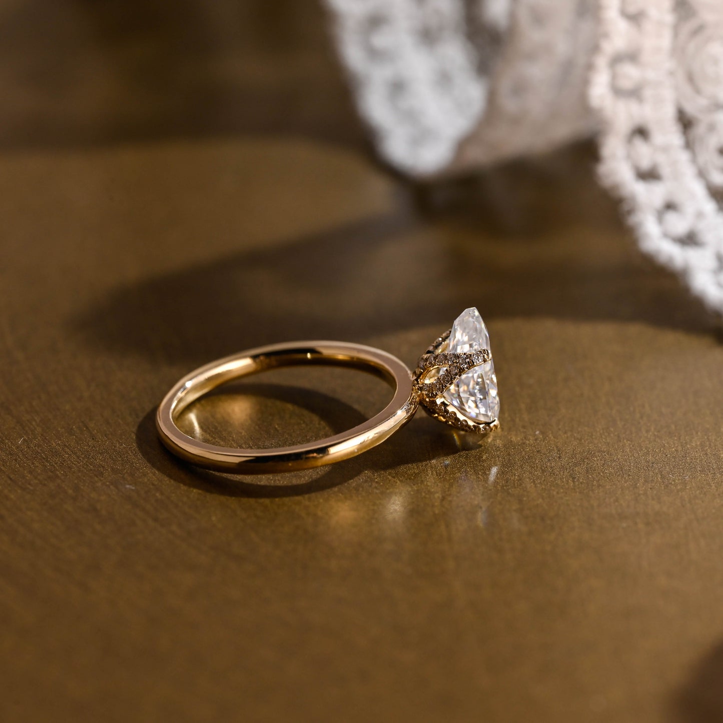 SquareJewelry pear cut moissanite engagement ring Solid Gold Paved Tulip Pear Moissanite Engagement Ring