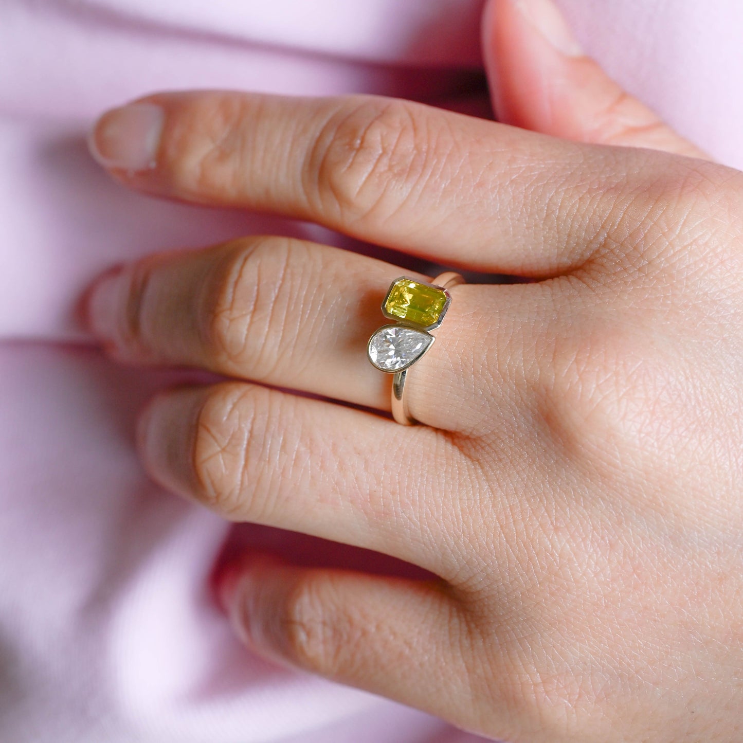 SquareJewelry pear cut moissanite engagement ring Solid Gold Toi Et Moi Yellow Emerald Cut Lab Sapphire & Pear Cut Moissanite Engagement Ring