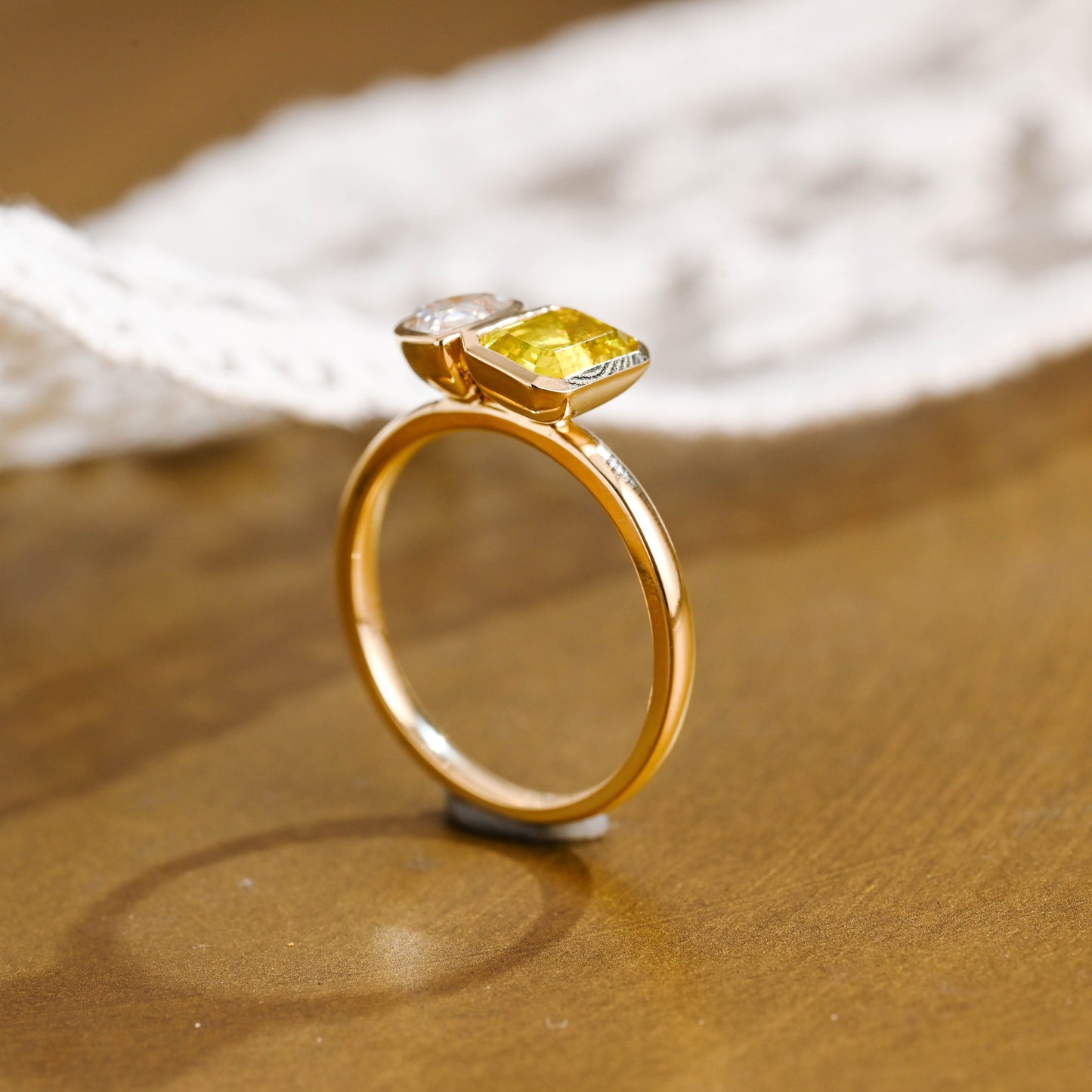 SquareJewelry pear cut moissanite engagement ring Solid Gold Toi Et Moi Yellow Emerald Cut Lab Sapphire & Pear Cut Moissanite Engagement Ring