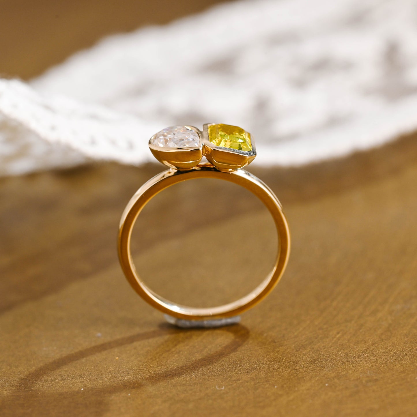 SquareJewelry pear cut moissanite engagement ring Solid Gold Toi Et Moi Yellow Emerald Cut Lab Sapphire & Pear Cut Moissanite Engagement Ring