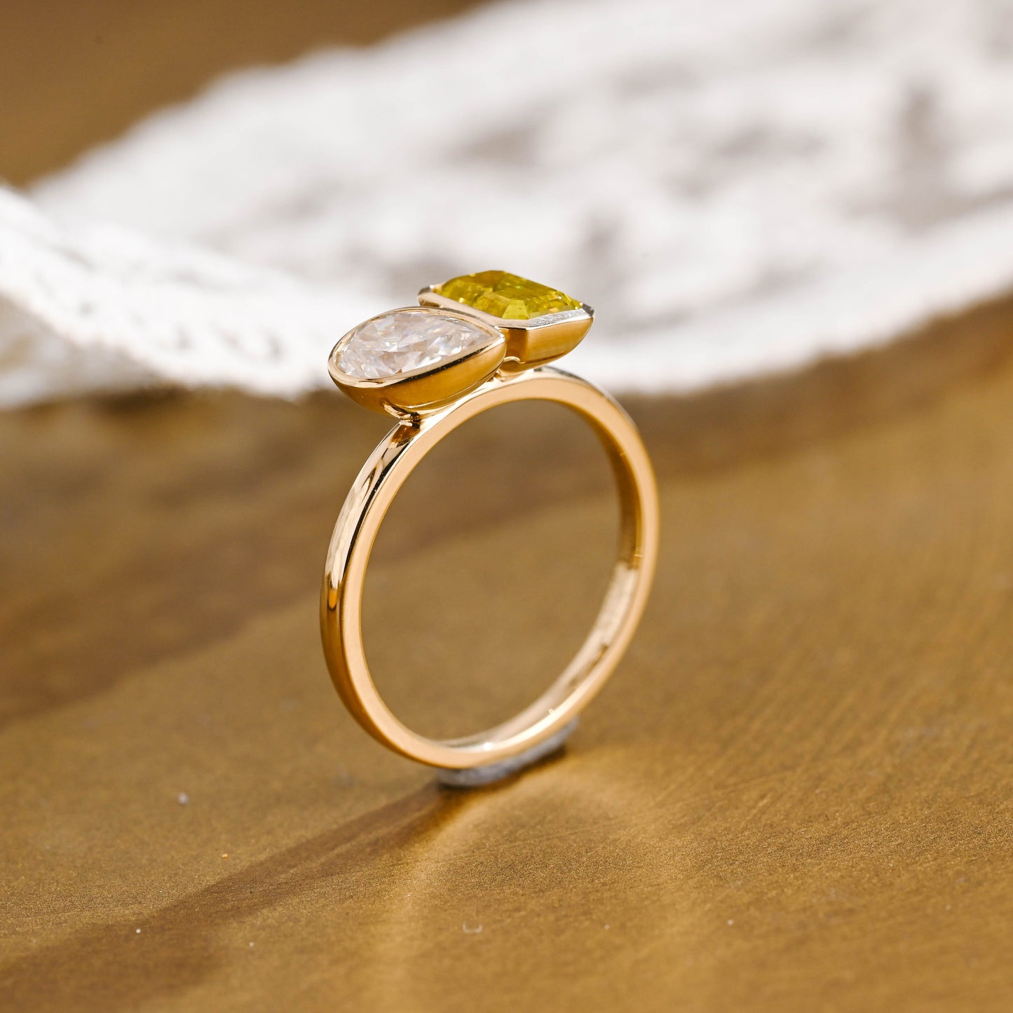 SquareJewelry pear cut moissanite engagement ring Solid Gold Toi Et Moi Yellow Emerald Cut Lab Sapphire & Pear Cut Moissanite Engagement Ring