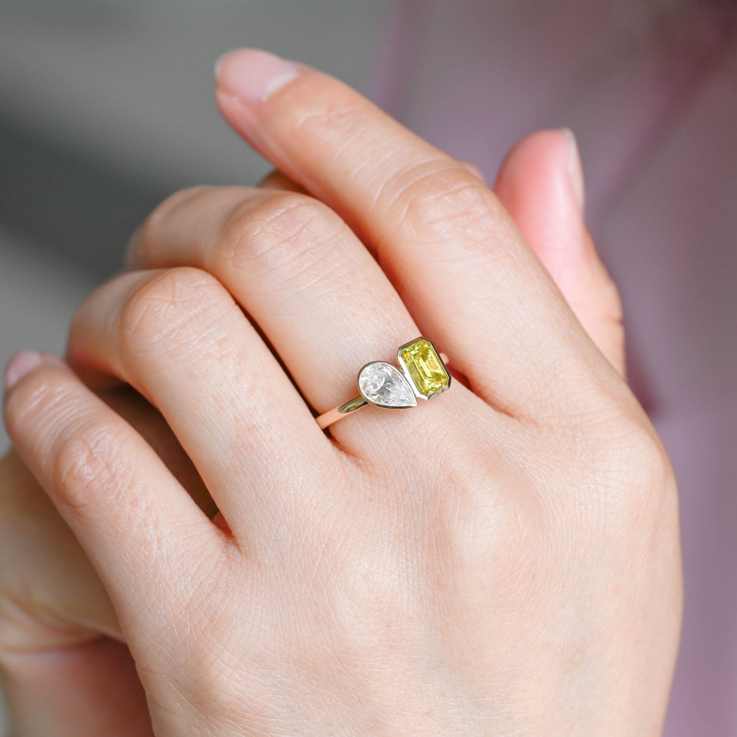 SquareJewelry pear cut moissanite engagement ring Solid Gold Toi Et Moi Yellow Emerald Cut Lab Sapphire & Pear Cut Moissanite Engagement Ring