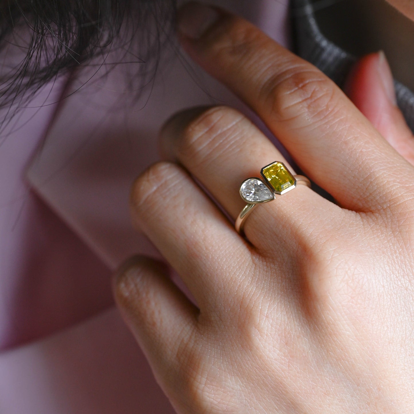 SquareJewelry pear cut moissanite engagement ring Solid Gold Toi Et Moi Yellow Emerald Cut Lab Sapphire & Pear Cut Moissanite Engagement Ring
