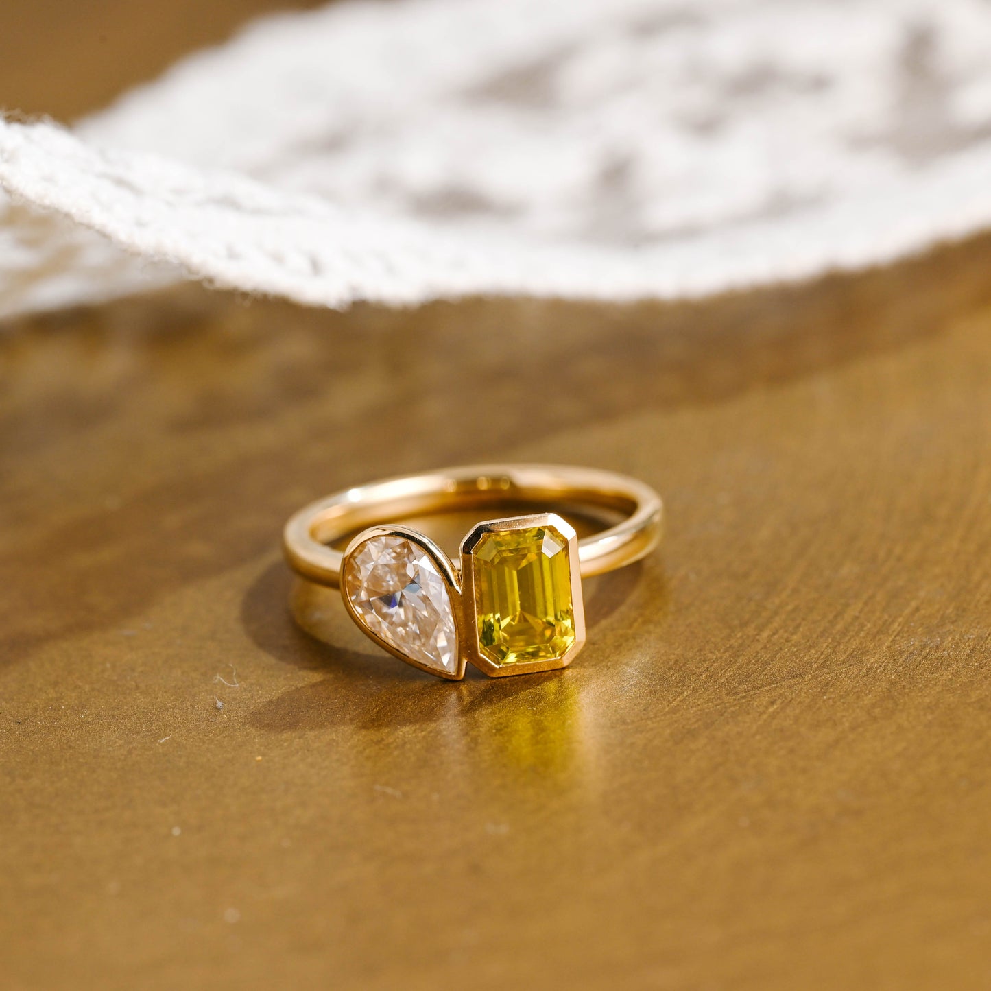 SquareJewelry pear cut moissanite engagement ring Solid Gold Toi Et Moi Yellow Emerald Cut Lab Sapphire & Pear Cut Moissanite Engagement Ring